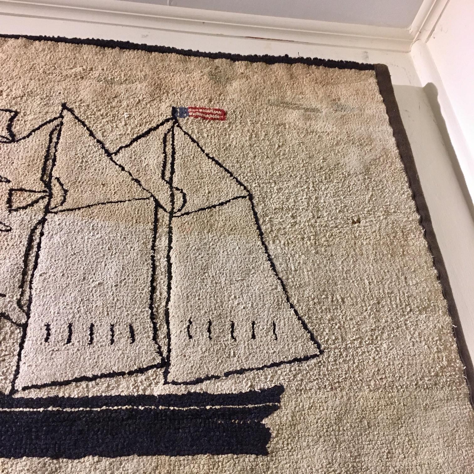 Hand-Crafted Late 19th Century New England Ship and Lighthouse Hooked Rug