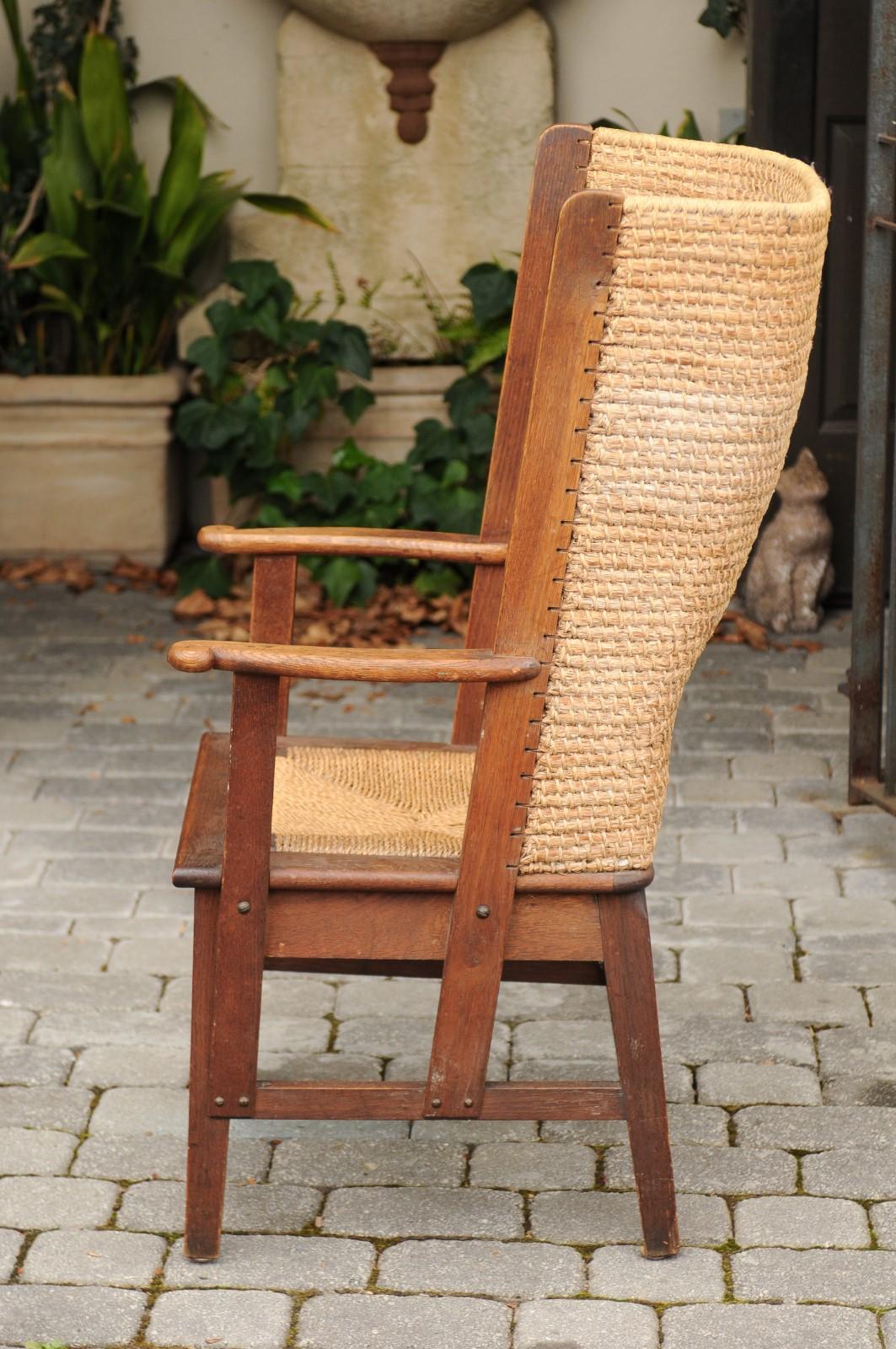 Late 19th Century Oak Orkney Island Wingback Chair with Handwoven Straw Back 6