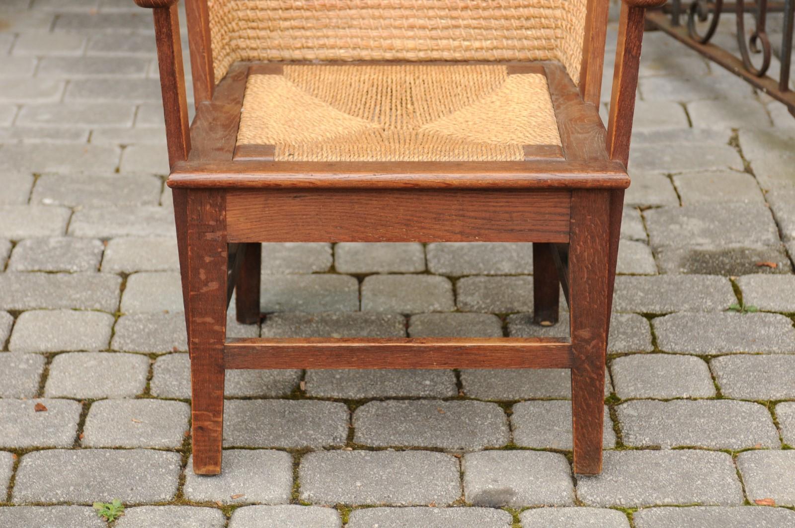 Rustic Late 19th Century Oak Orkney Island Wingback Chair with Handwoven Straw Back