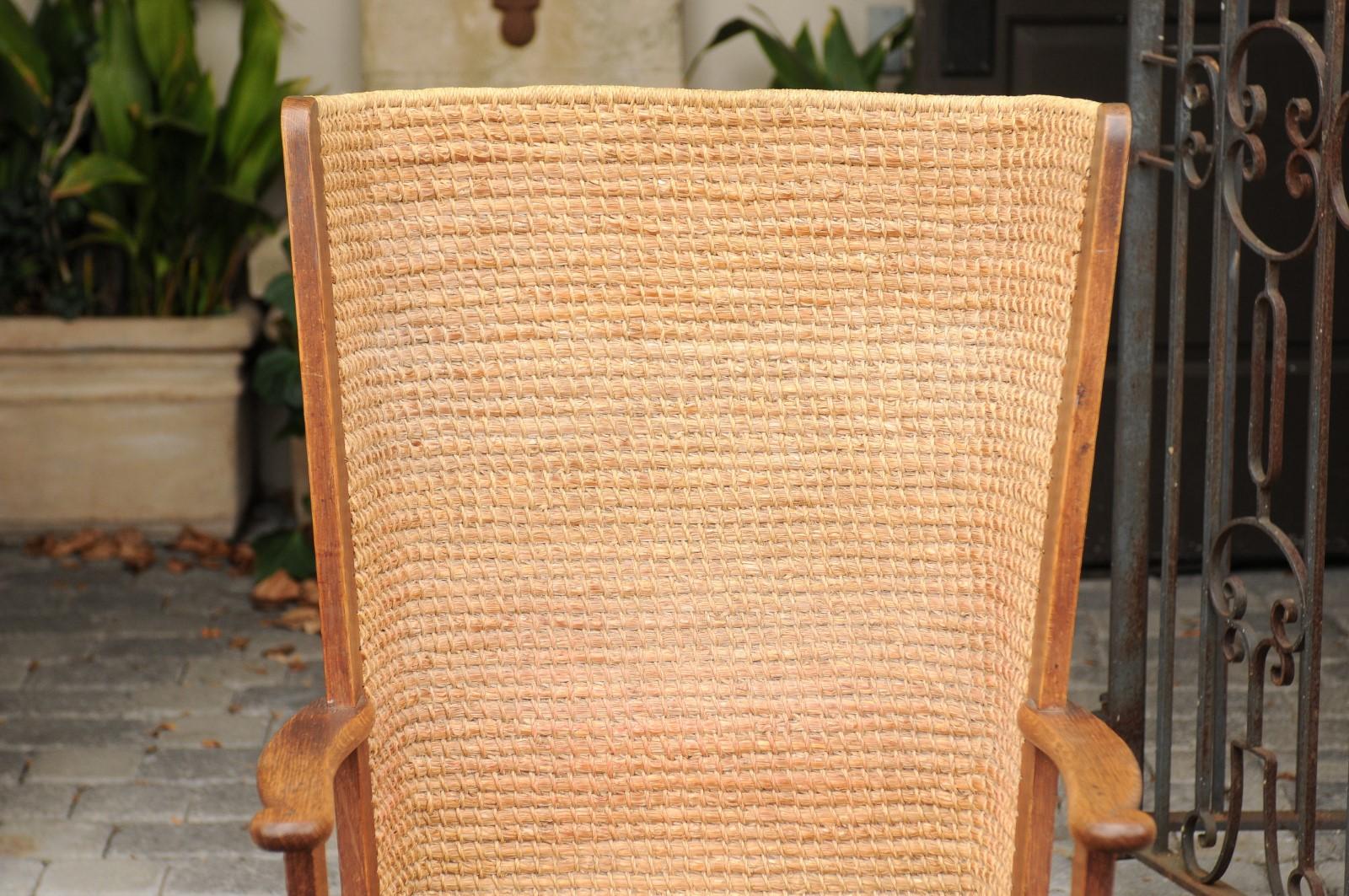 Scottish Late 19th Century Oak Orkney Island Wingback Chair with Handwoven Straw Back