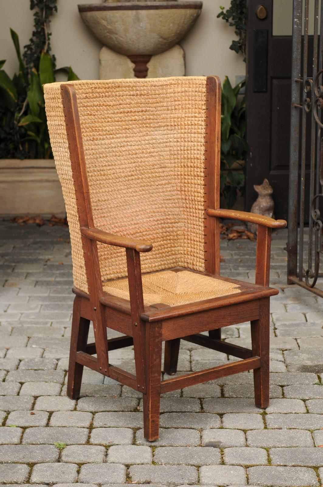 Late 19th Century Oak Orkney Island Wingback Chair with Handwoven Straw Back In Good Condition In Atlanta, GA