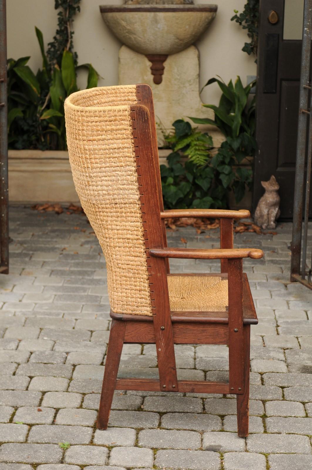Late 19th Century Oak Orkney Island Wingback Chair with Handwoven Straw Back 3