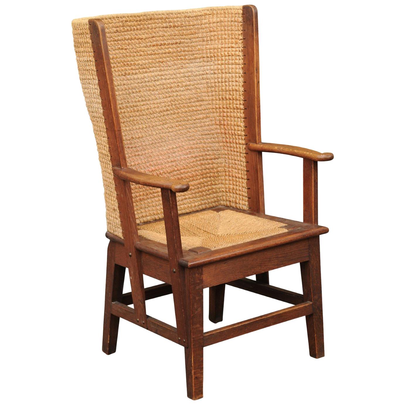 Late 19th Century Oak Orkney Island Wingback Chair with Handwoven Straw Back