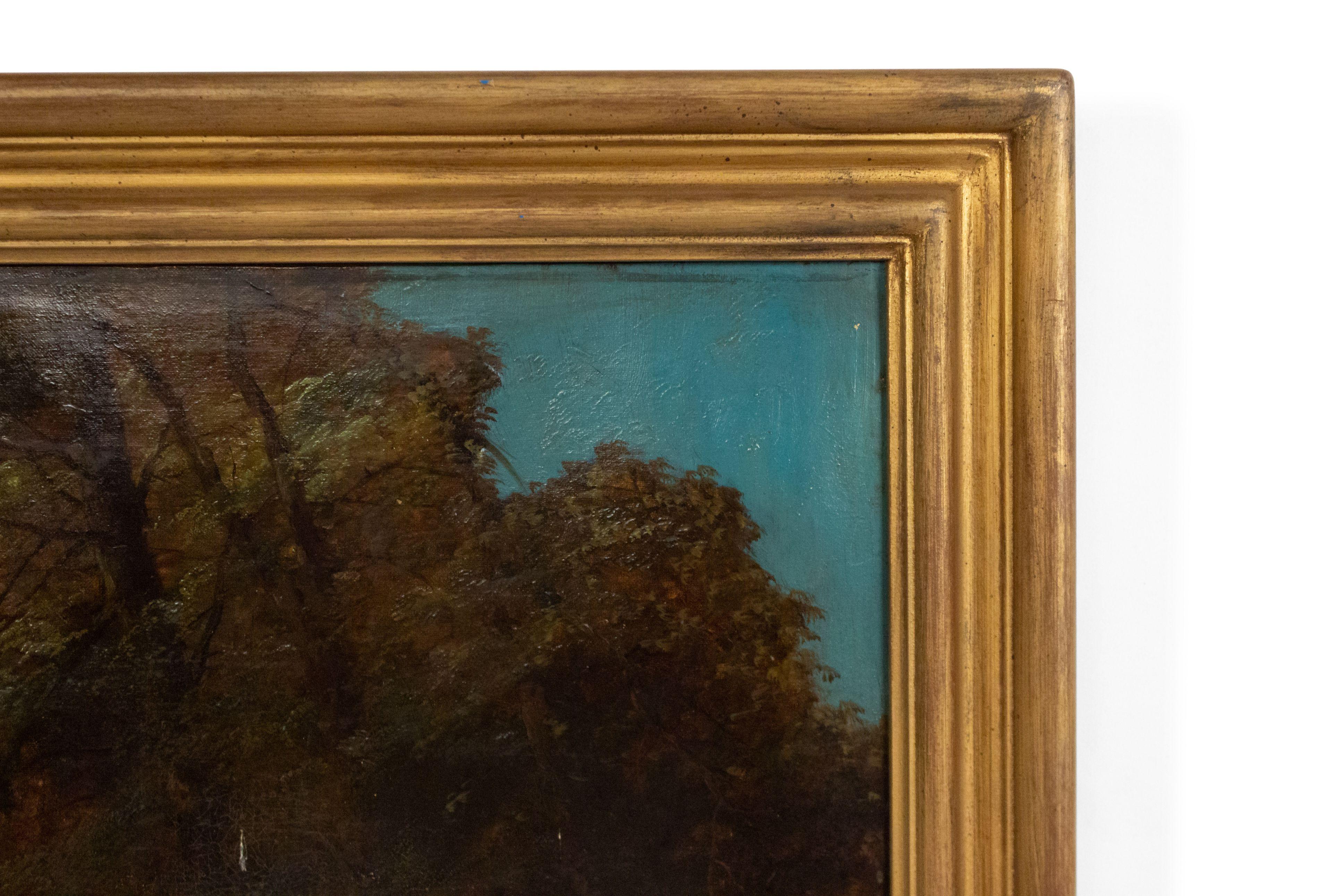 Peinture à l'huile pastorale de la fin du 19e siècle représentant des personnages dans une forêt au bord d'un ruisseau avec un arbre tombé, montée dans un cadre doré.
