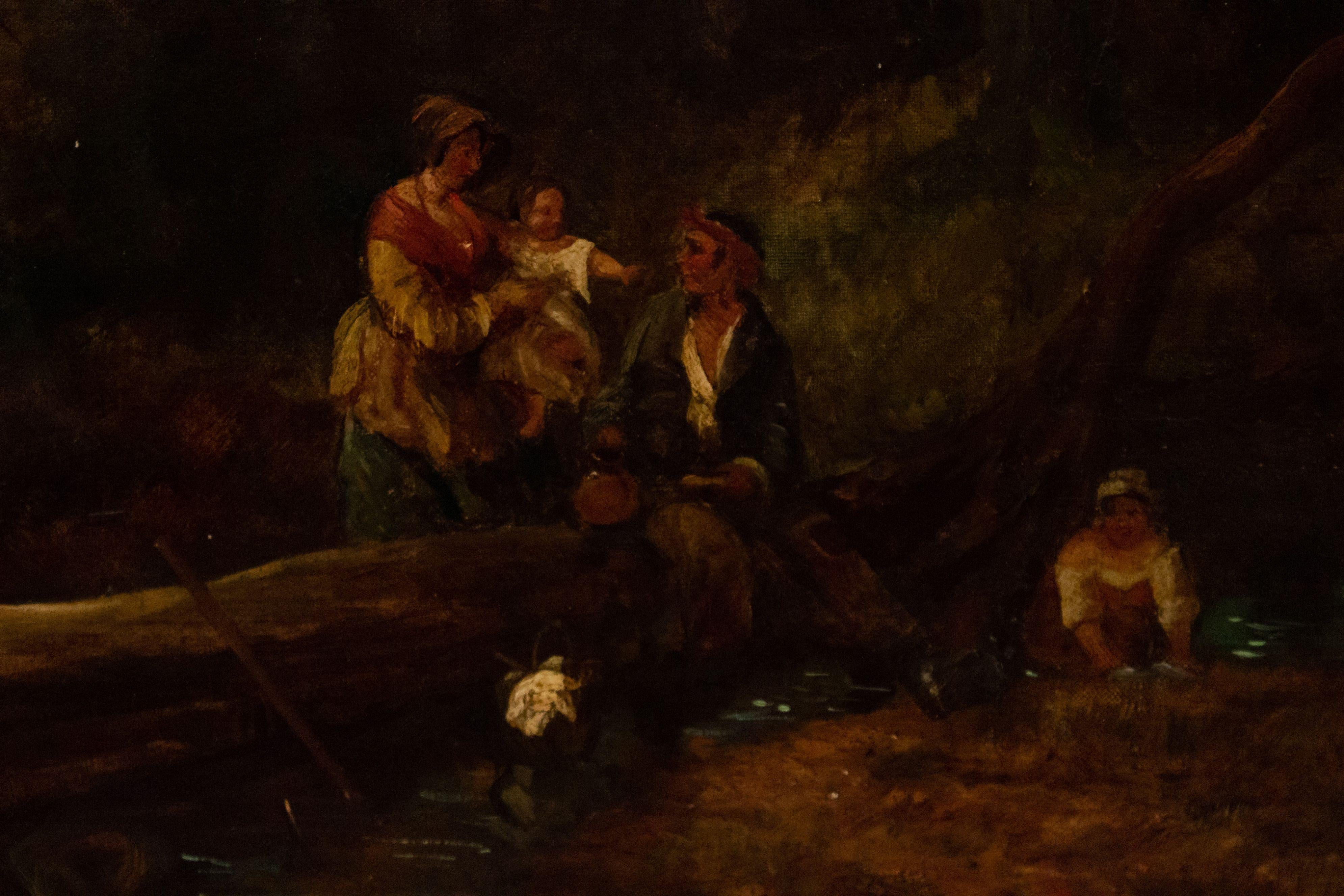 Huilé Paysage à l'huile de la fin du 19e siècle représentant des personnages dans une forêt en vente