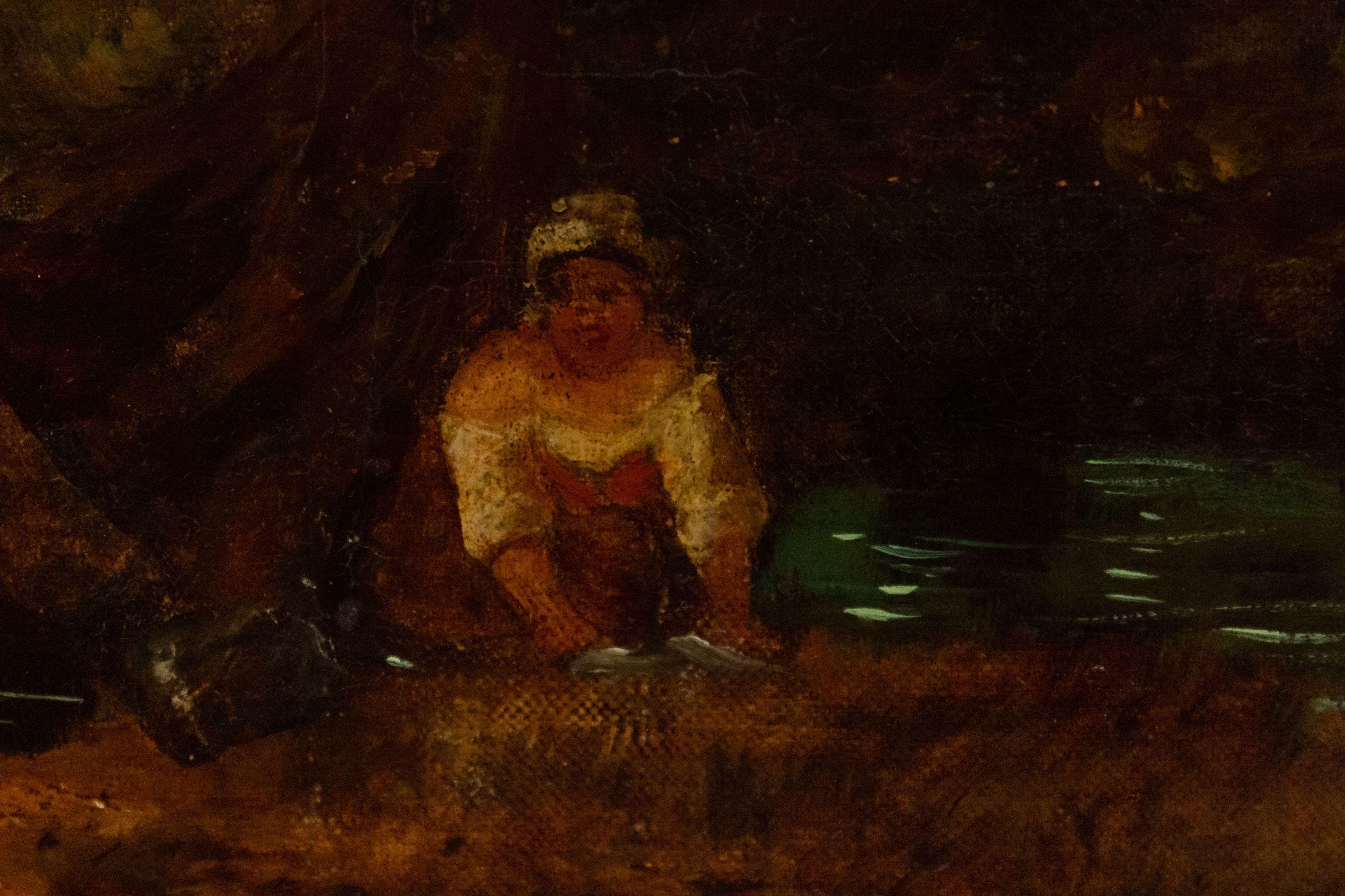Late 19th Century Oil Landscape of Figures in a Forest In Good Condition For Sale In New York, NY