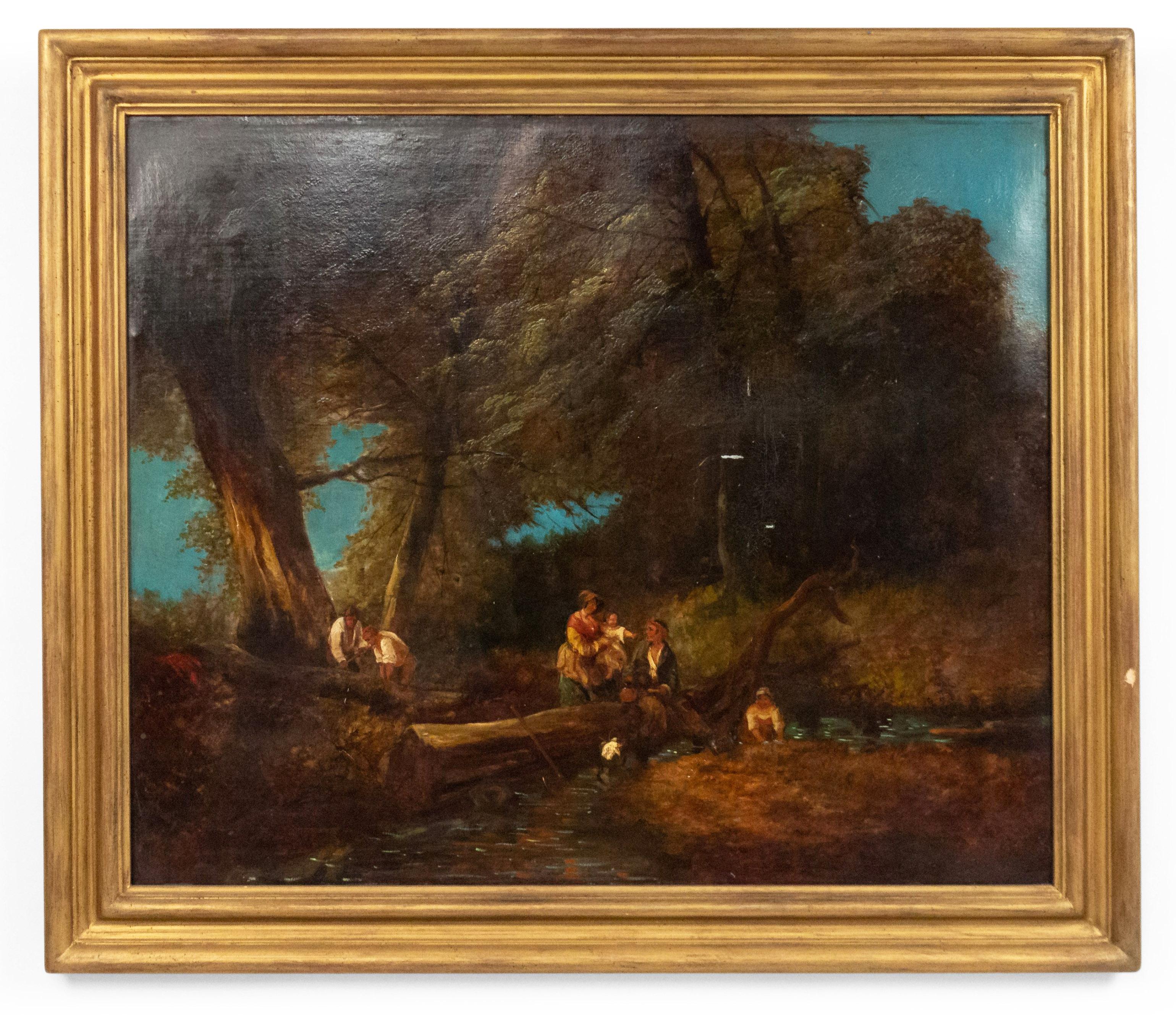 Paint Late 19th Century Oil Landscape of Figures in a Forest For Sale