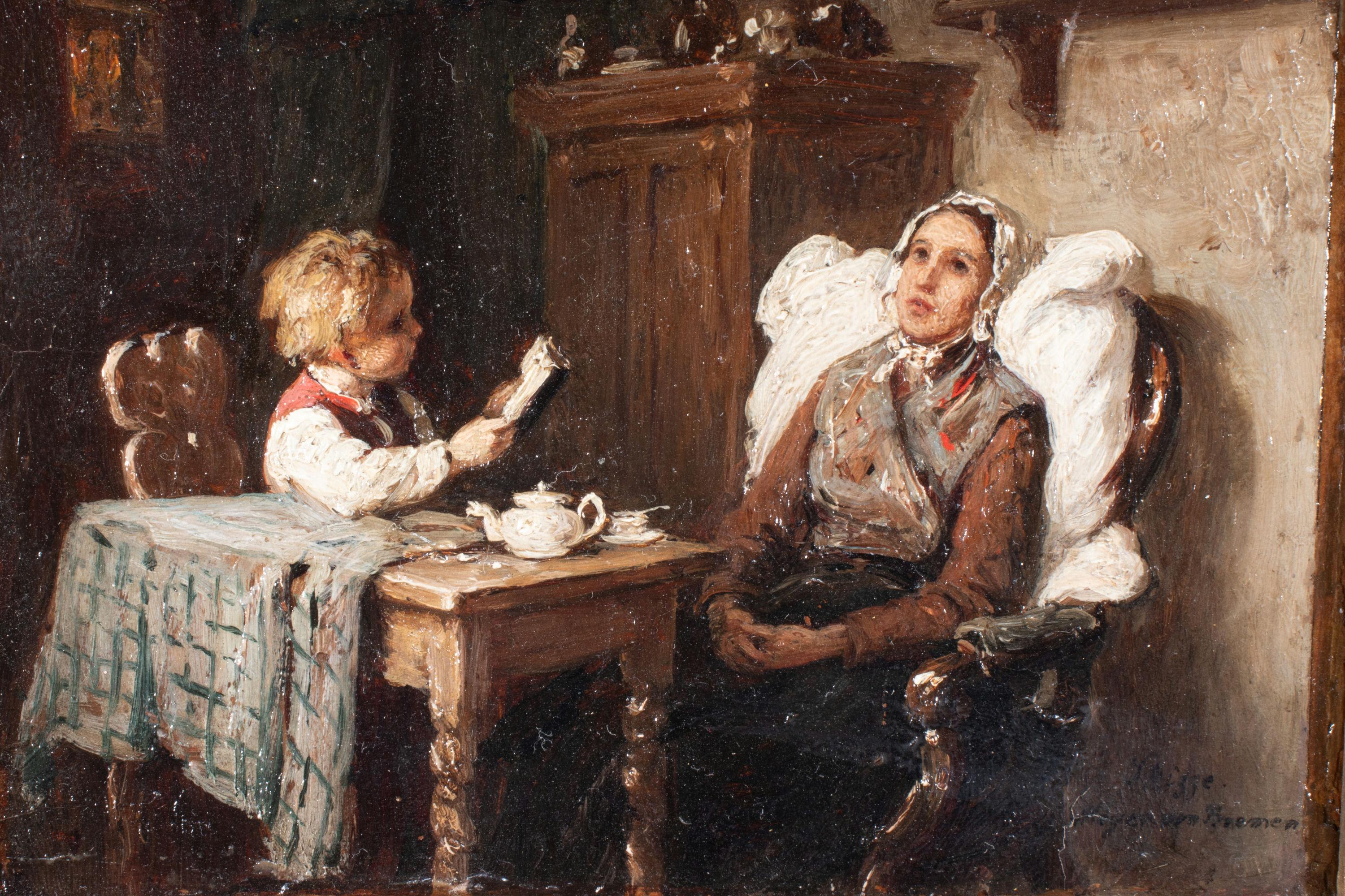 This small and exquisite 19th-century oil on cardboard titled “Reading to Mother” by Johann Georg Meyer von Bremen depicts a gentle interior scene with a young boy attentively reading to a woman, presumably his mother. They are both seated at a