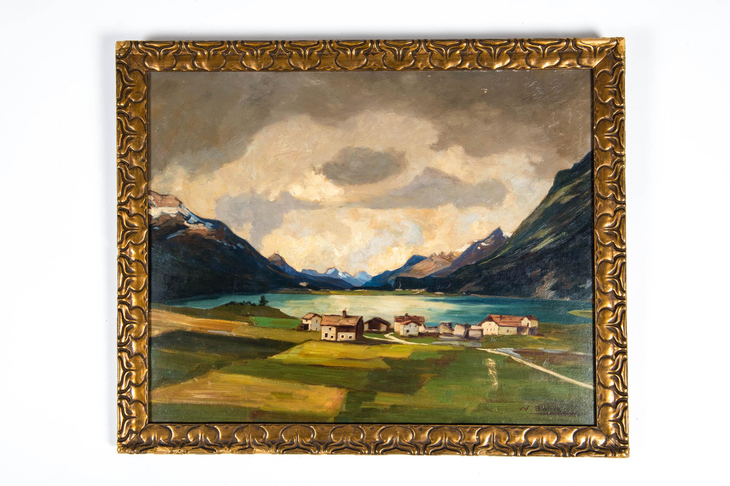 Late 19th century oil on board paint with giltwood frame. Artist Signature on the lower left, the painting is in excellent condition. Minor wear to the frame consistent with age / use. The painting is about 19 inches x 15 inches. The frame is 22