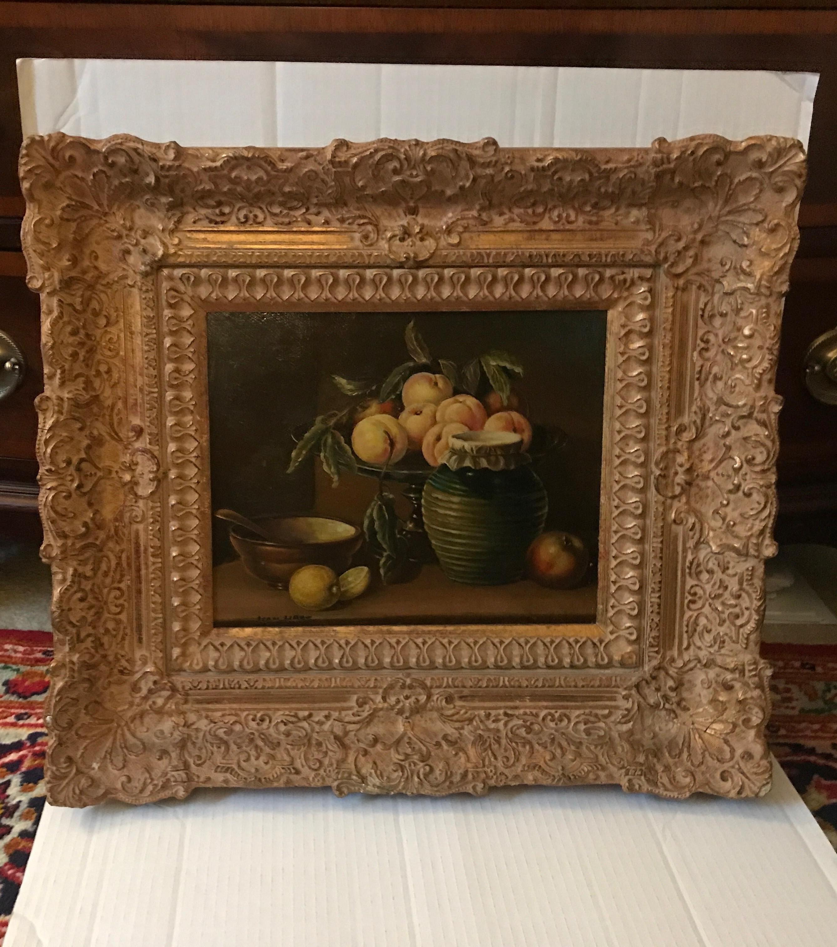Original 19th Century Oil on Board Still Life by Van Haas with Giltwood Frame In Good Condition In Lambertville, NJ