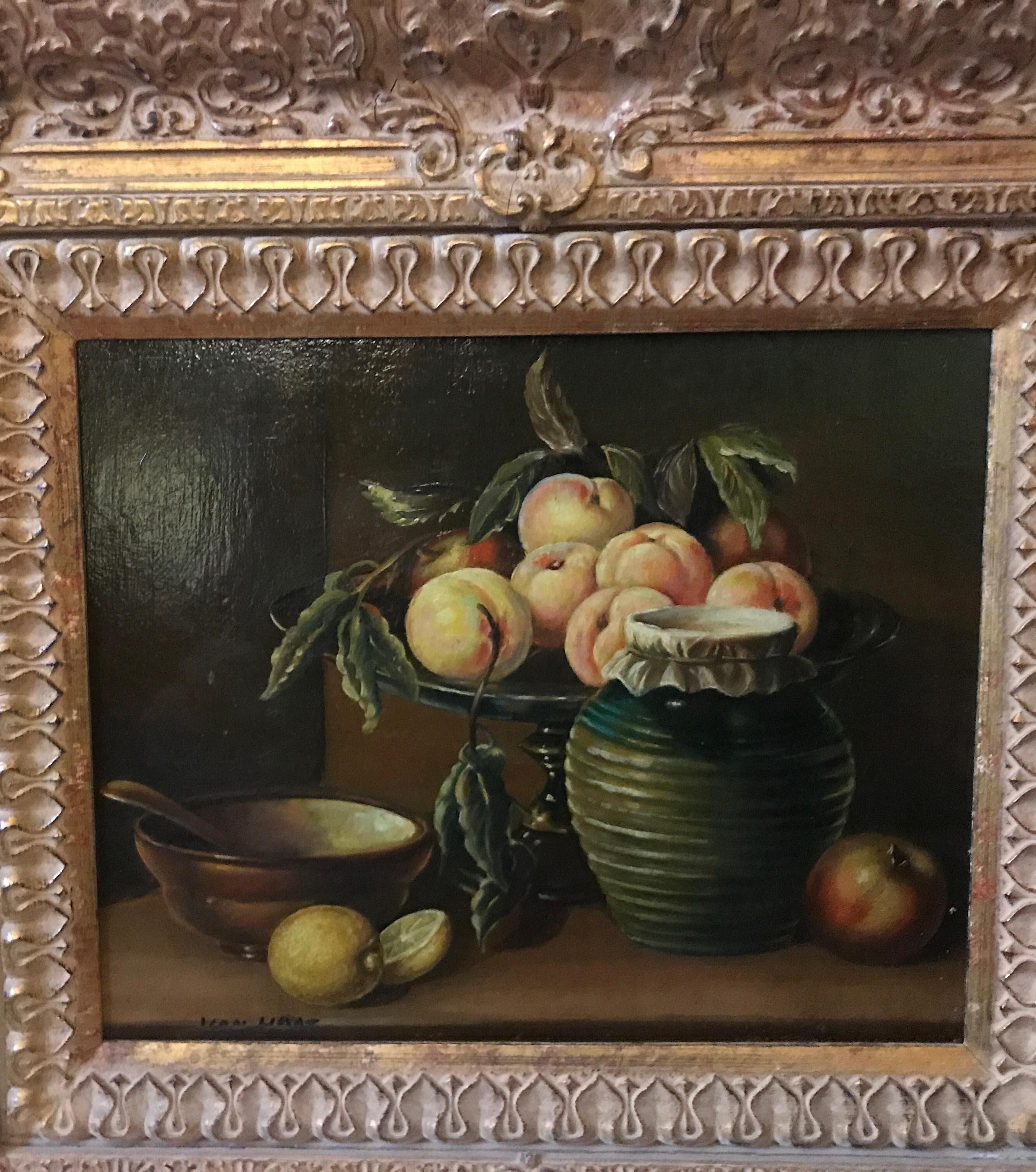 Oil painting on panel in gilt wood frame of fruit with bowls and jar, signed Van Haas in lower left corner. Probably Herminia Van Der Haas (1843-1921). Framed 18 wide, 16 high, unframed 10.5 wide, 8.5 high.