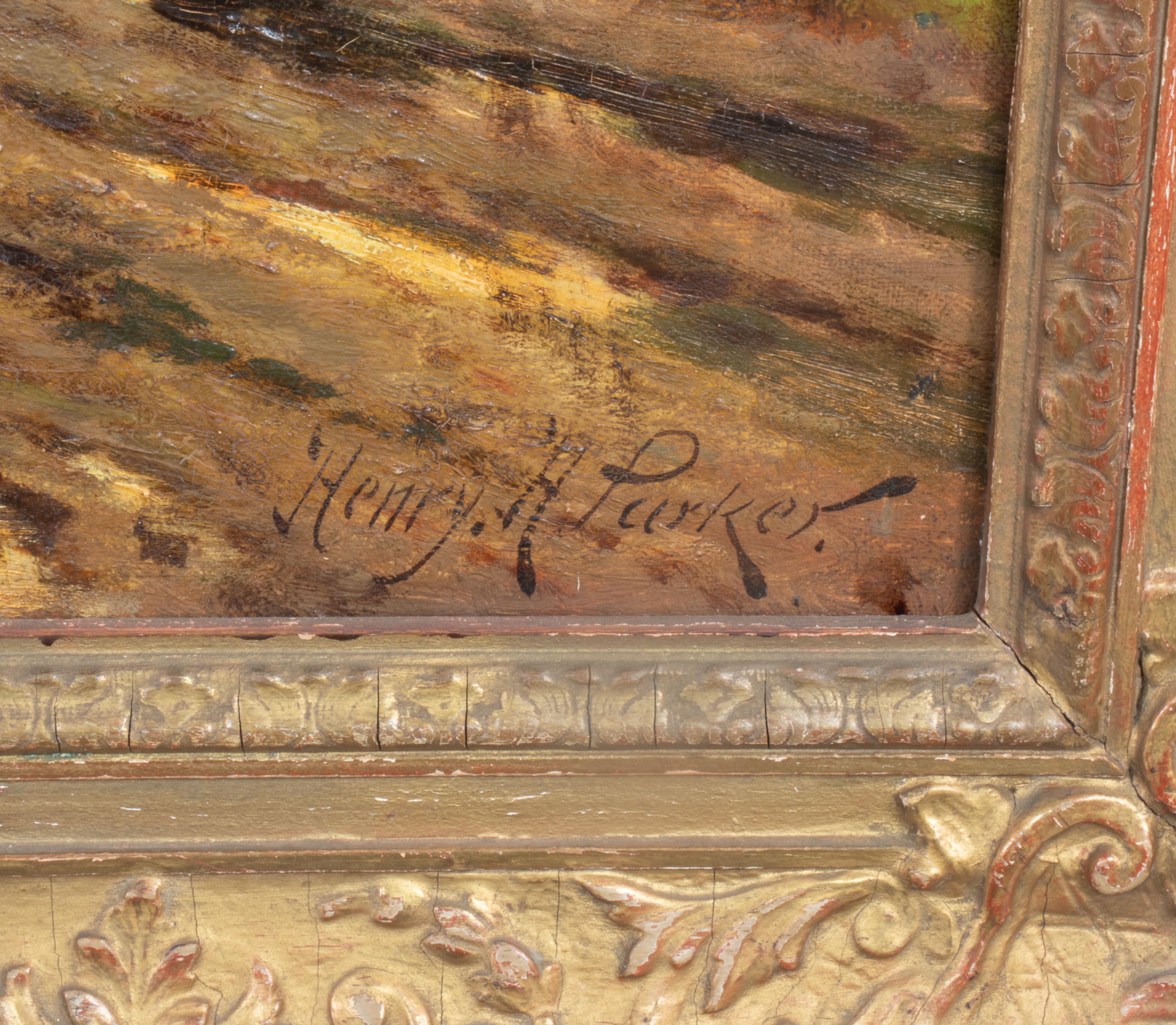 This tranquil Victorian-era landscape painting titled “Homewards” by Henry H. Parker depicts a lush rendition of the English countryside at dawn, with a lone man walking his horse down a country path toward home. Housed in a giltwood frame and