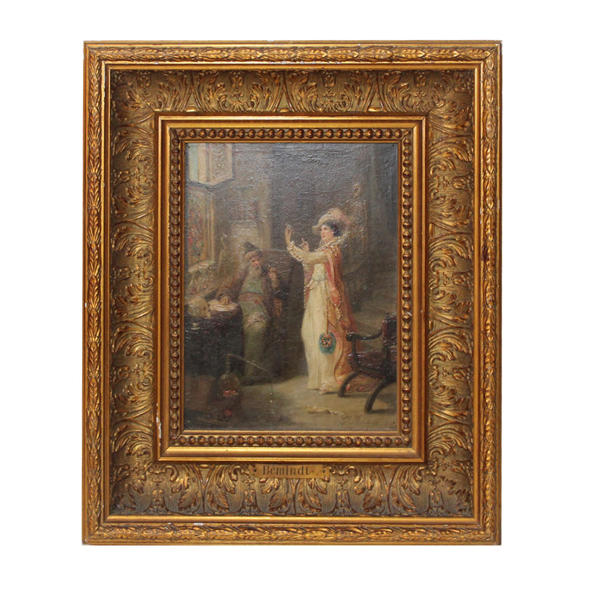 Oil on canvas.
Signed in the lower right corner.

Émile Bemindt was a French artist active between 1859 and 1872 and is best known for his work in the Rococo Revival style: in the late 19th century, there was a renewed interest in Rococo and artists