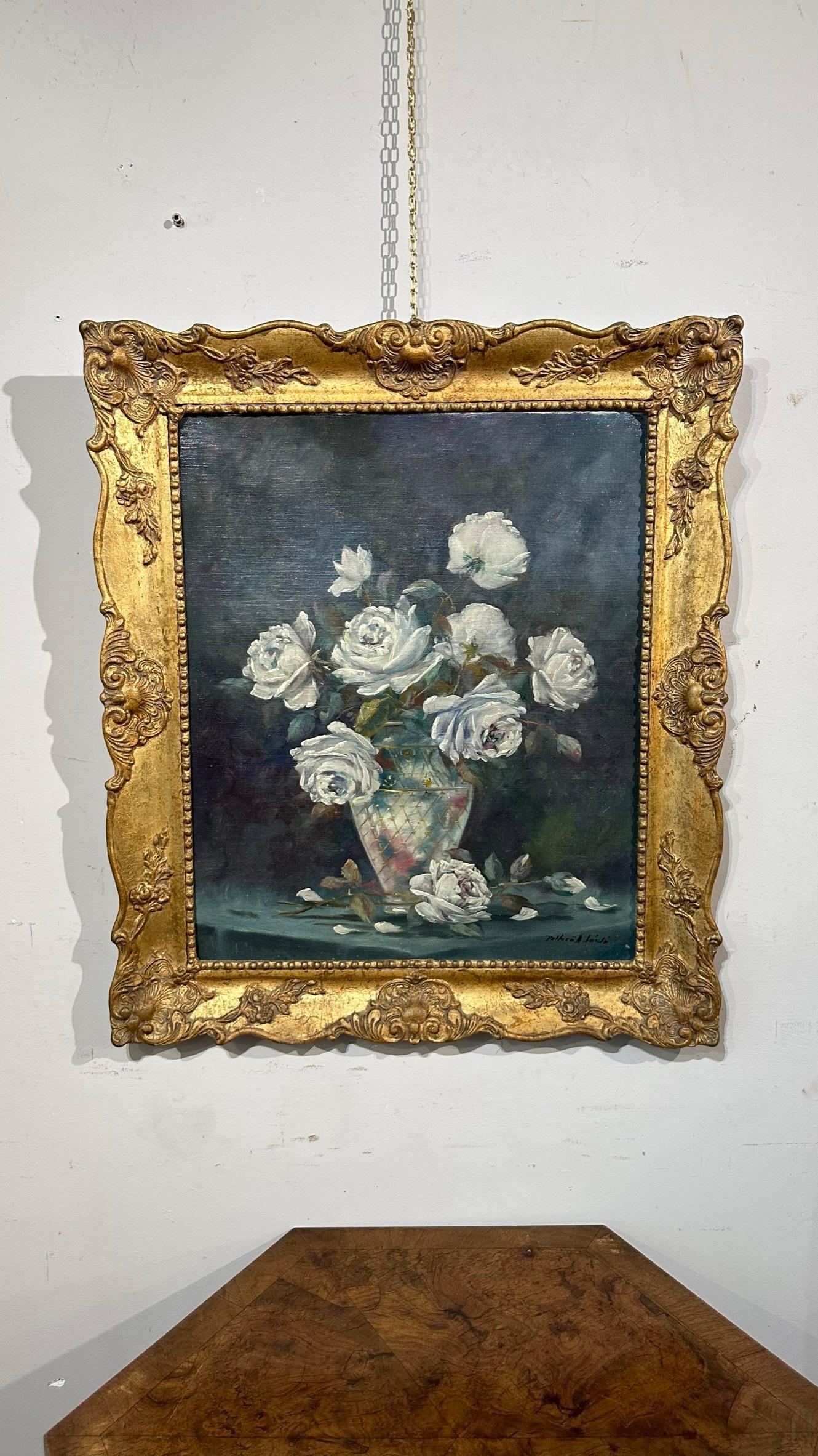 Beautiful oil painting on canvas depicting flowers in a glass vase with gold highlights.
Within a wooden frame and gilt pastille

MEASURES: overall 76x65, work 60x50 cm