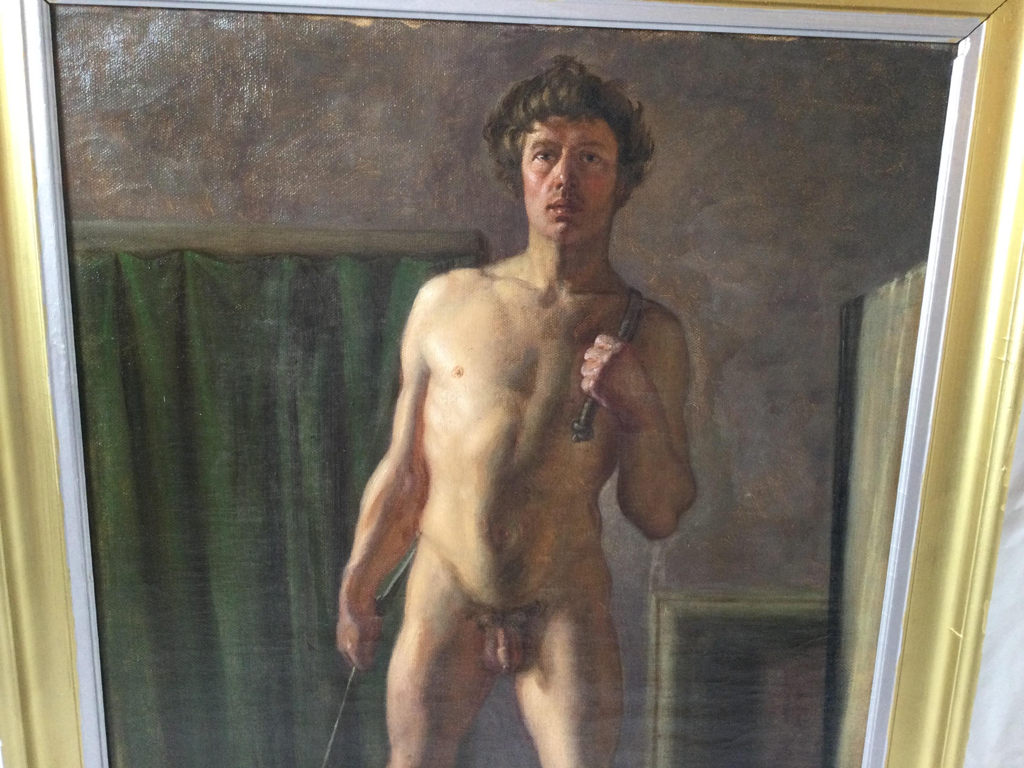 An oil on canvas of a neoclassical style male nude, late 19th Century. Framed in a simple giltwood frame, 26 high, 20 wide, unframed 23 high by 17 wide.