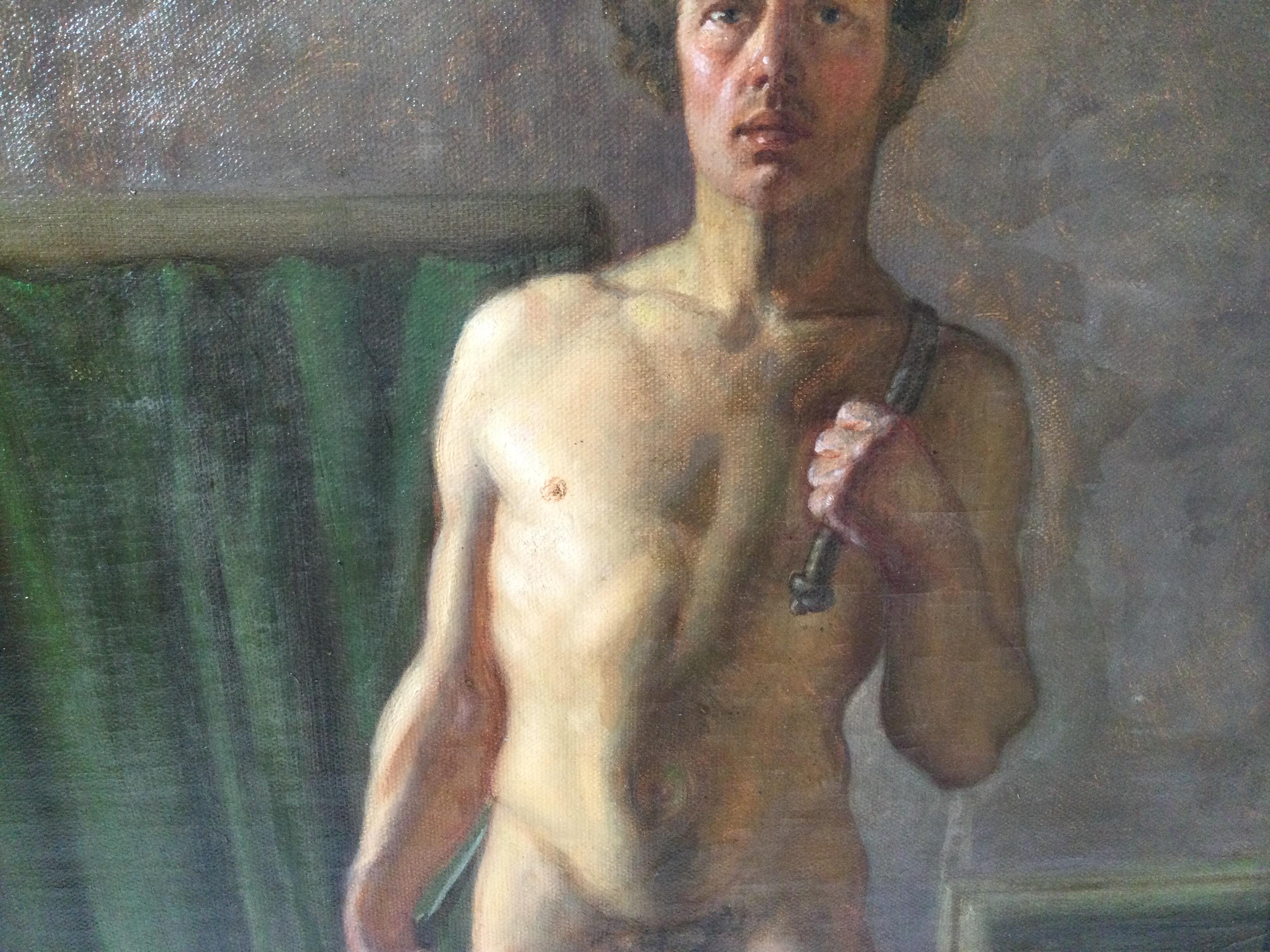 Hand-Painted Late 19th Century Oil on Canvas, Male Nude, Danish School