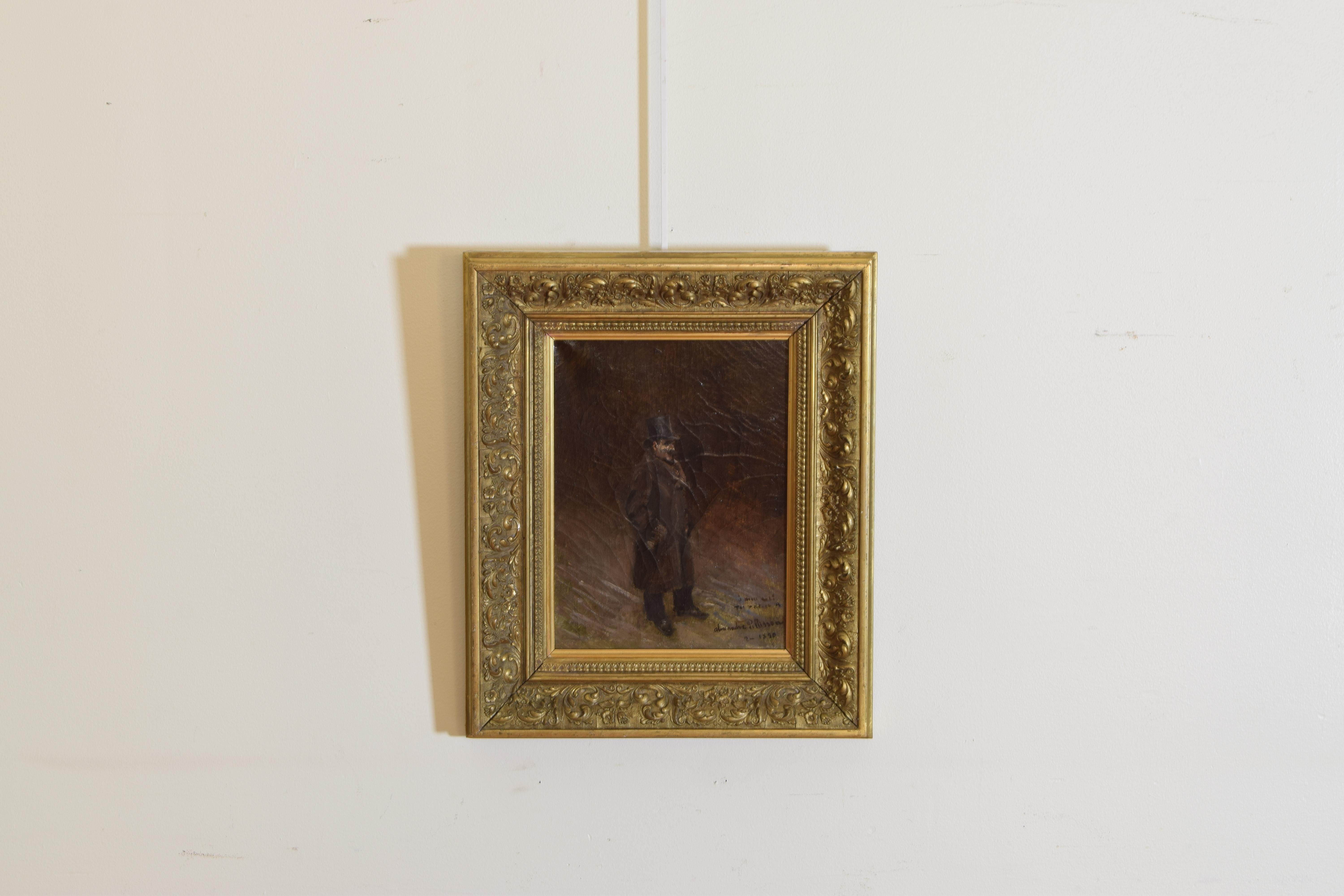 Framed in a late 19th century carved giltwood, a portrait of a gentleman in a Tophat and fur collared coat, signed and dated circa 1890.