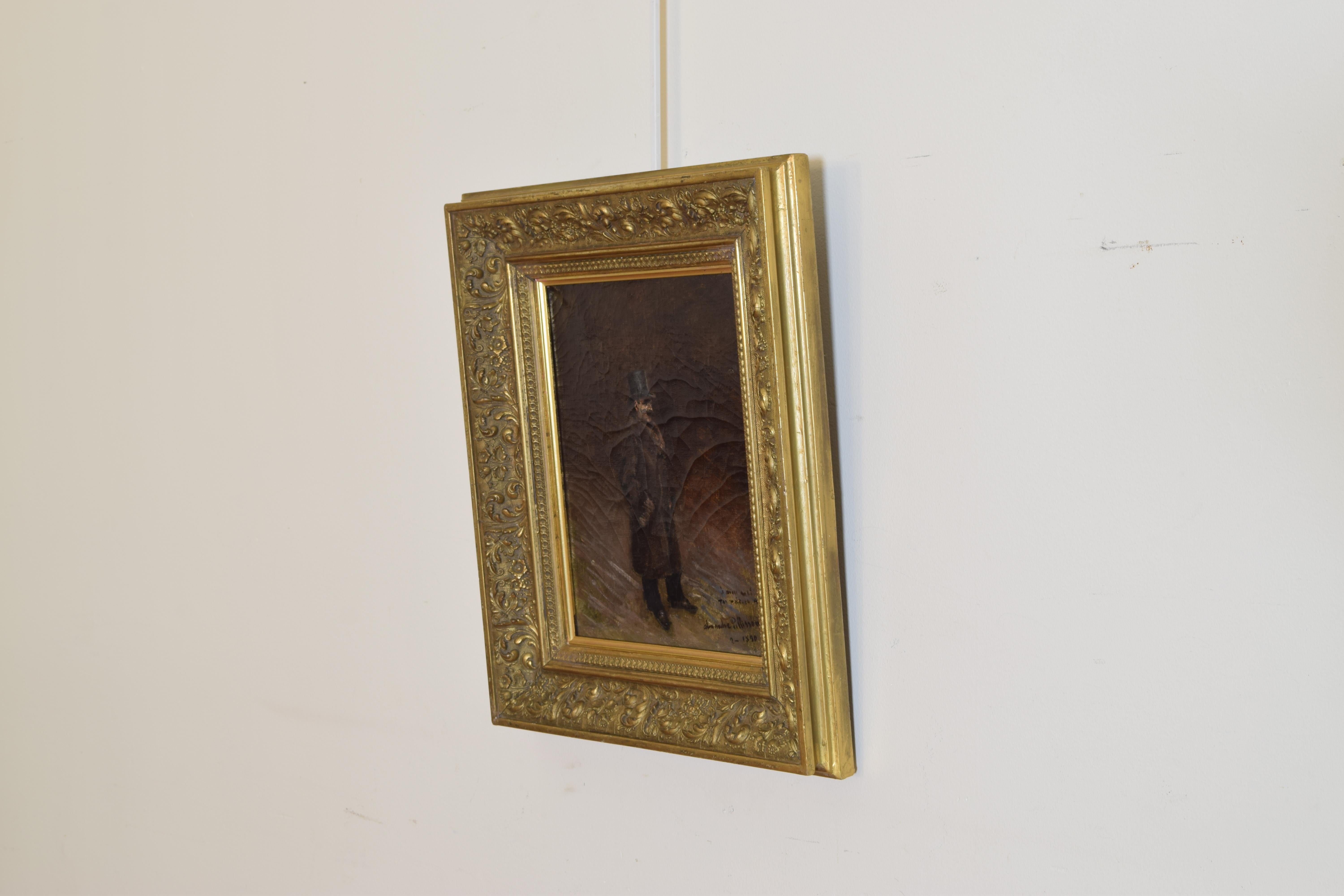 Français Huile sur toile de la fin du 19ème siècle représentant un gentleman de style élevé dans un cadre en bois doré en vente