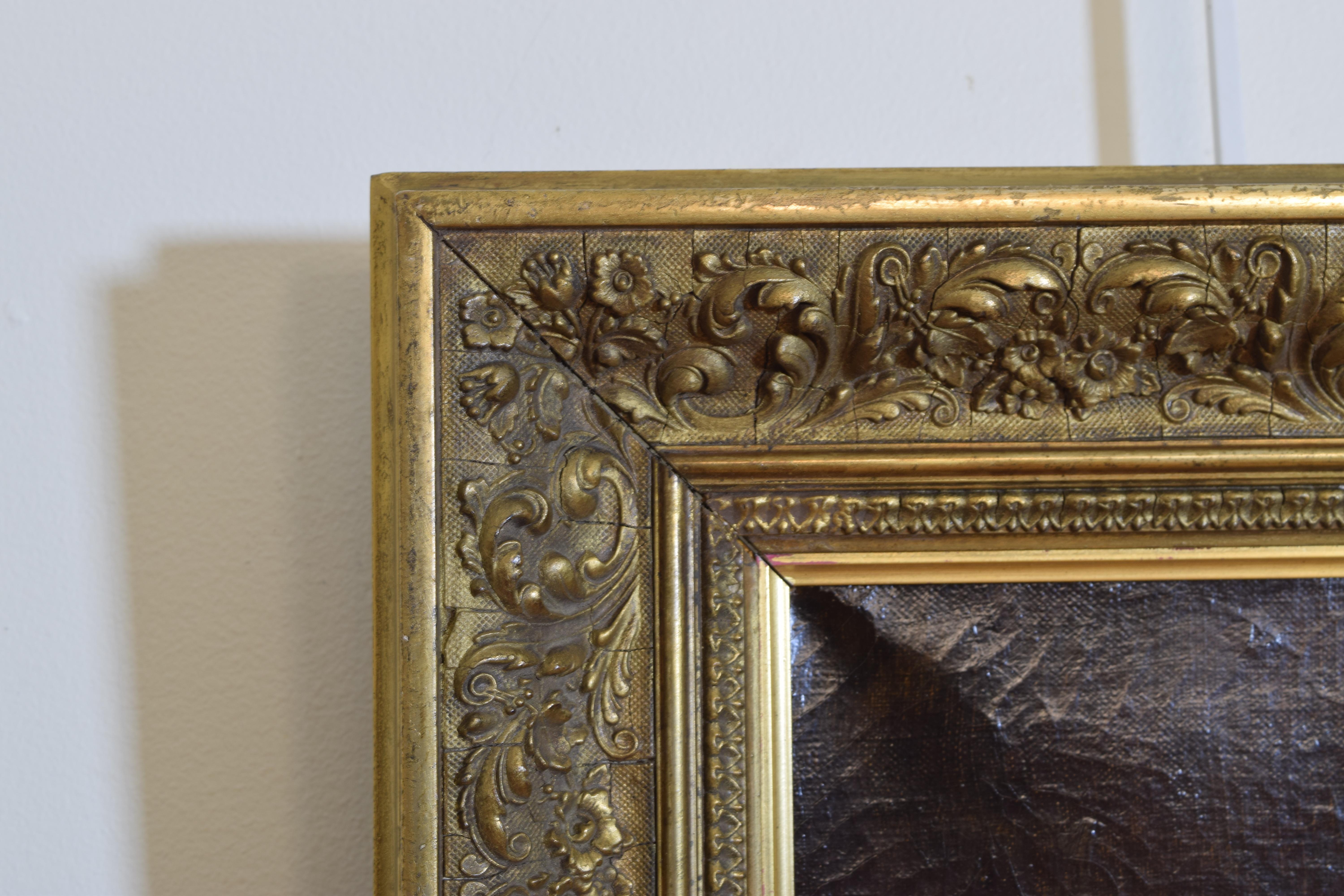 Peint à la main Huile sur toile de la fin du 19ème siècle représentant un gentleman de style élevé dans un cadre en bois doré en vente
