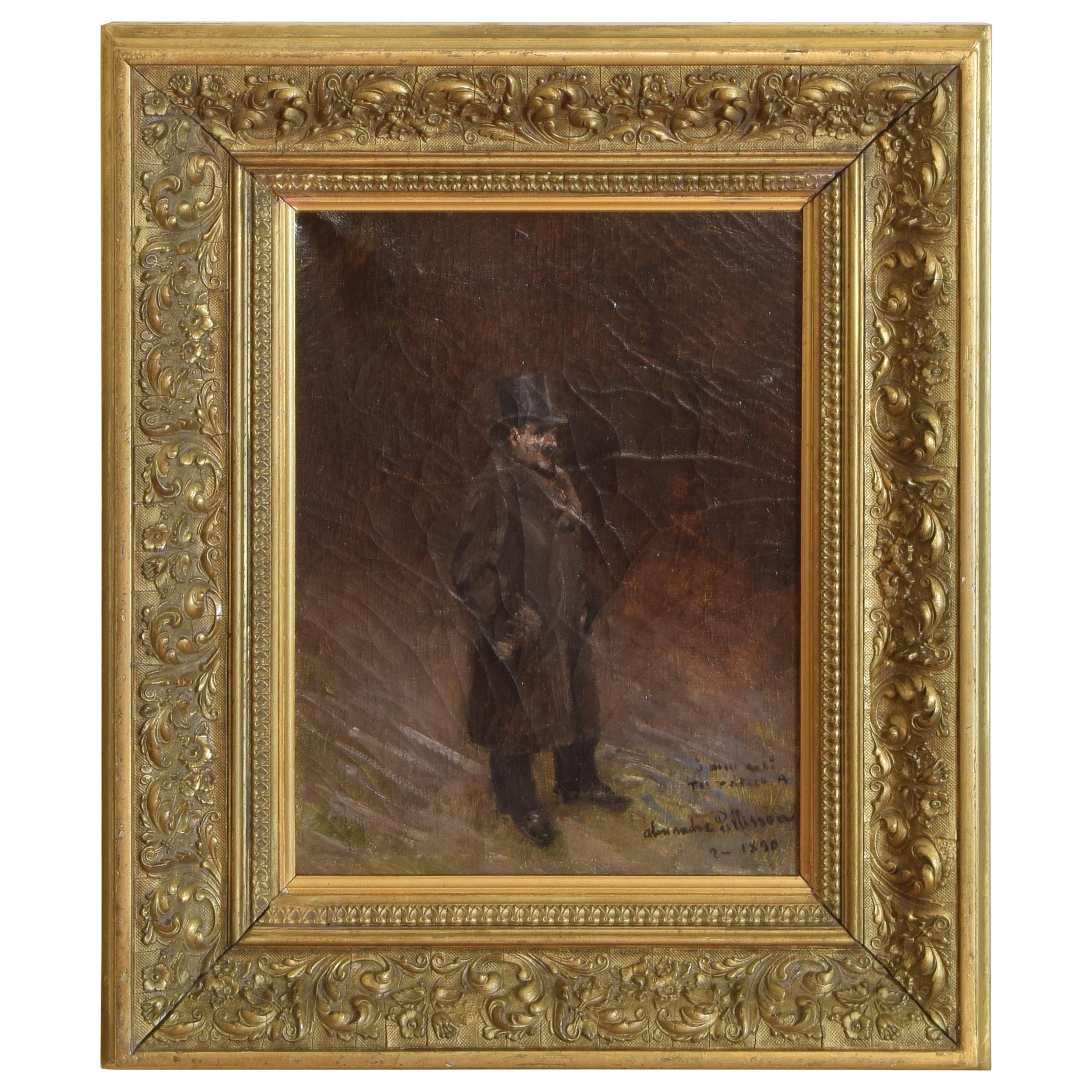 Huile sur toile de la fin du 19ème siècle représentant un gentleman de style élevé dans un cadre en bois doré