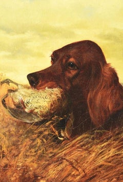 Late 19th Century Framed Oil on Canvas Painting of Irish Setter Holding Bird