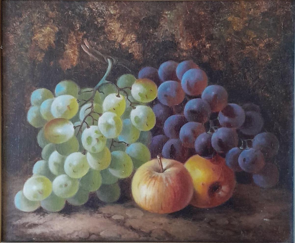 An excellent late 19th century still life oil painting of apples and grapes on their vines laid out on the ground, against a warm autumnal themed background. Mounted in a decorative gilt frame and signed bottom right Oliver Clare
ADDITIONAL