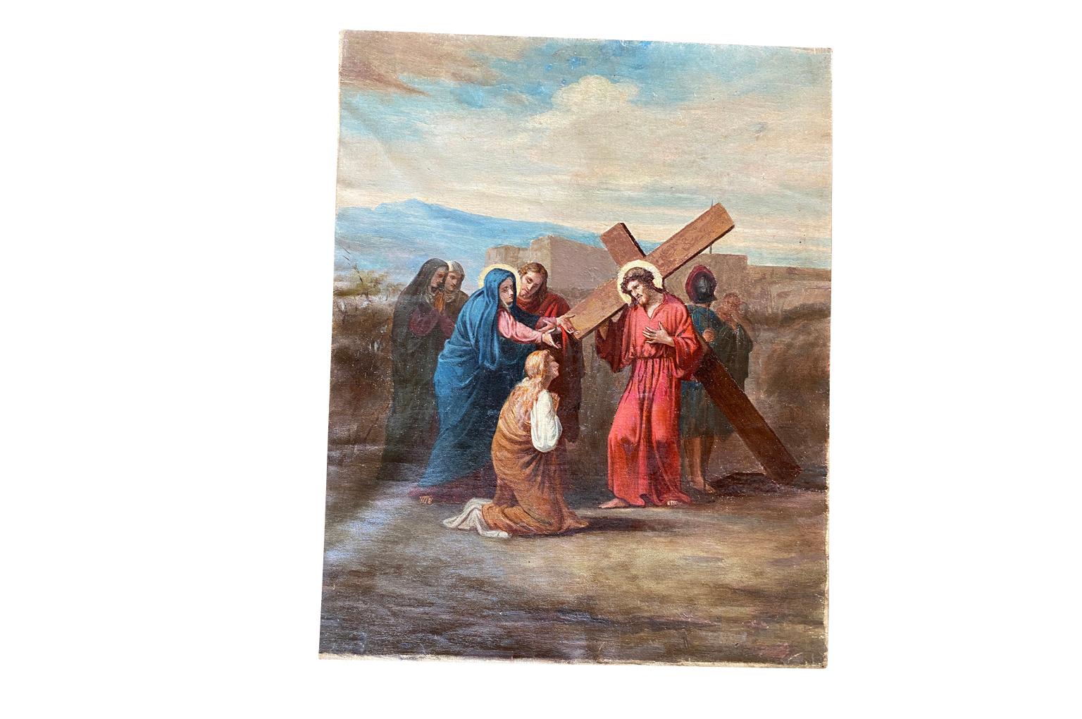 French Late 19th Century Oil On Canvas Staions Of The Cross