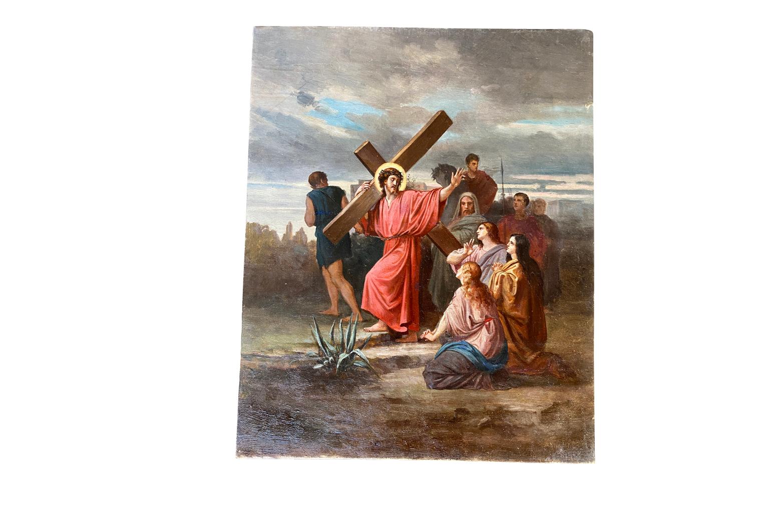 Late 19th Century Oil On Canvas Staions Of The Cross In Good Condition In Atlanta, GA