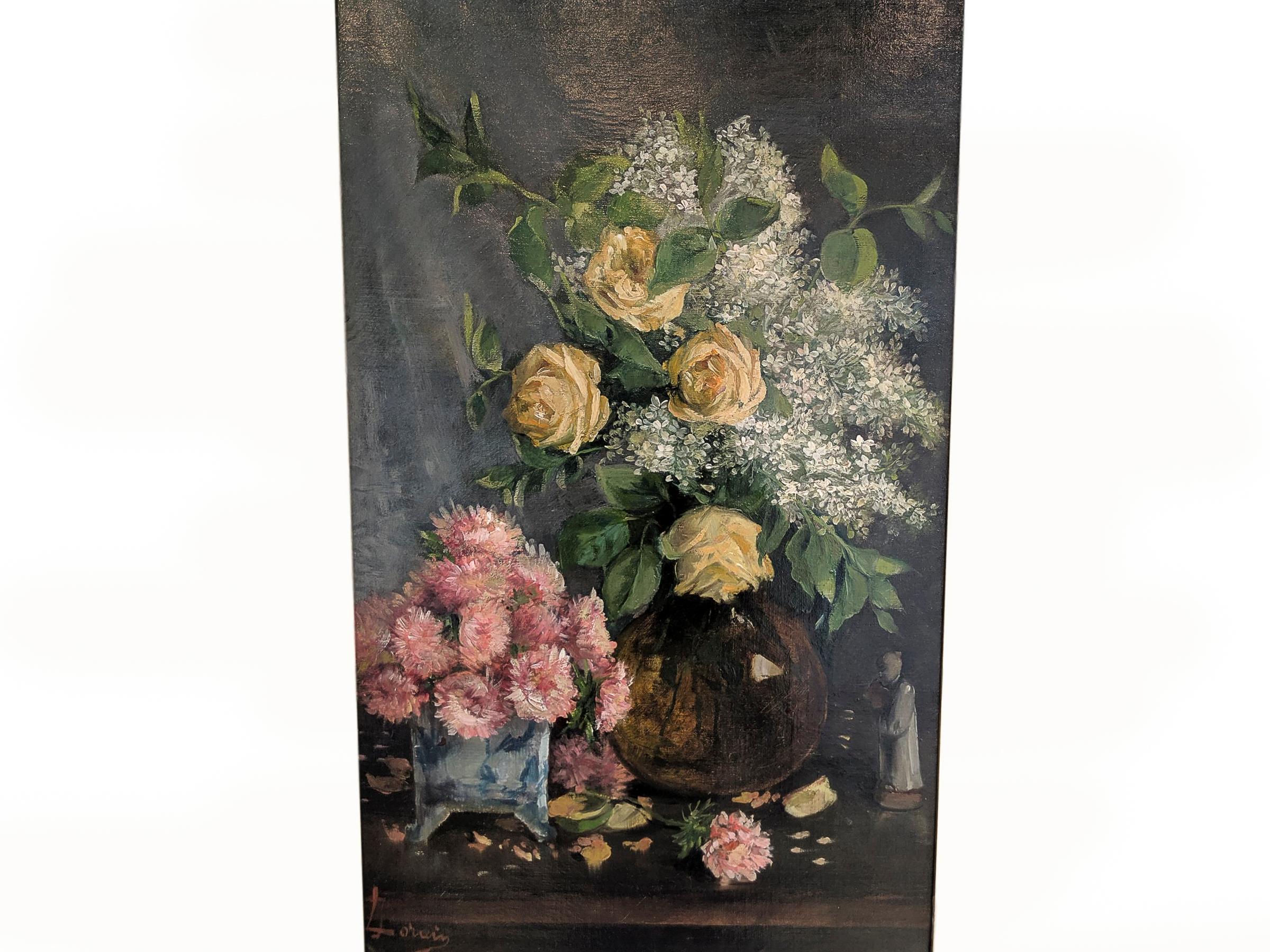 Late 19th century oil on canvas still life of yellow roses and lilacs in an amber glass vase and pink asters in a blue china cachepot. Signed; J. Lorain.