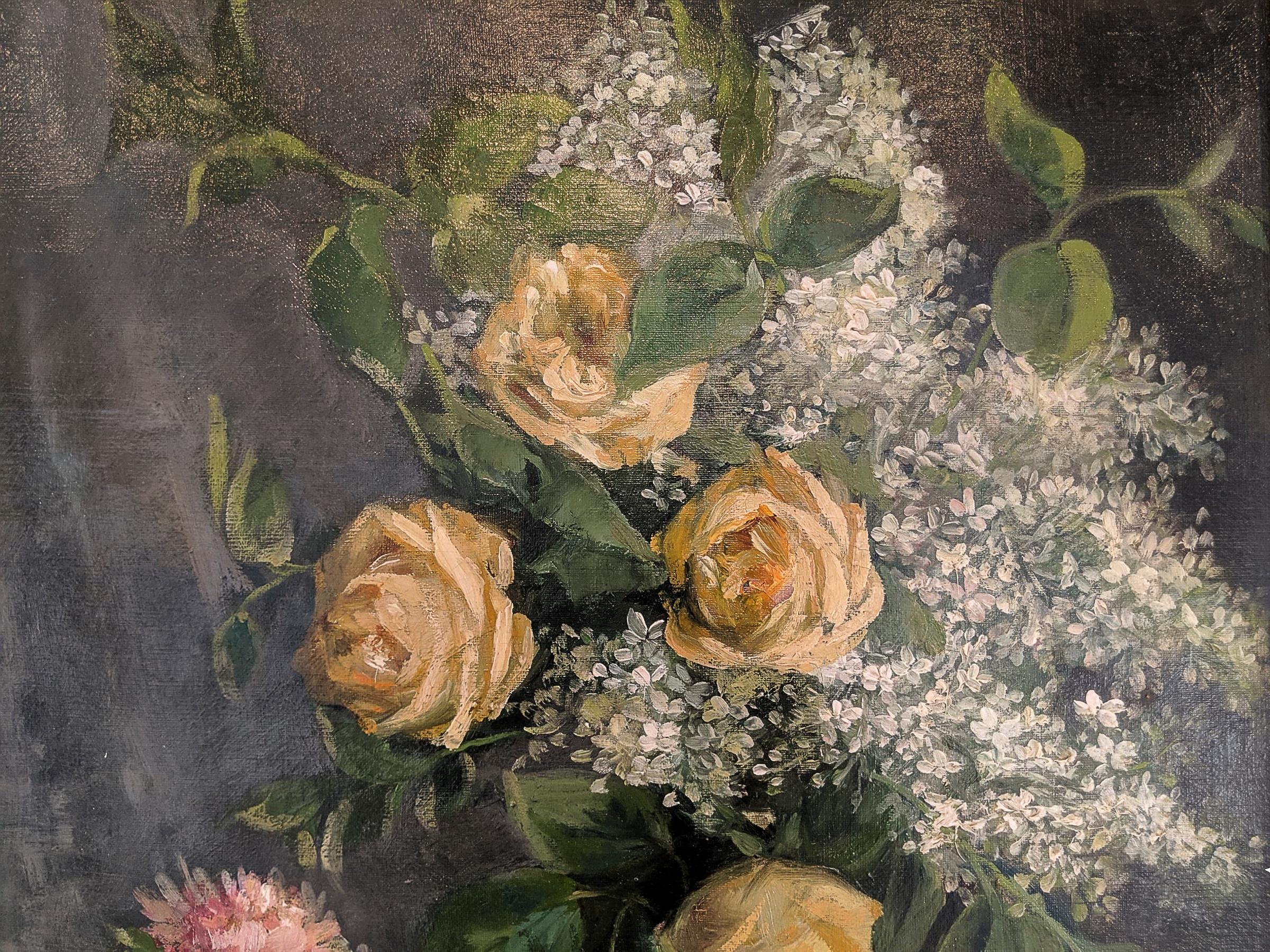 Oiled Late 19th Century Oil on Canvas, Still Life of Yellow Roses, English For Sale