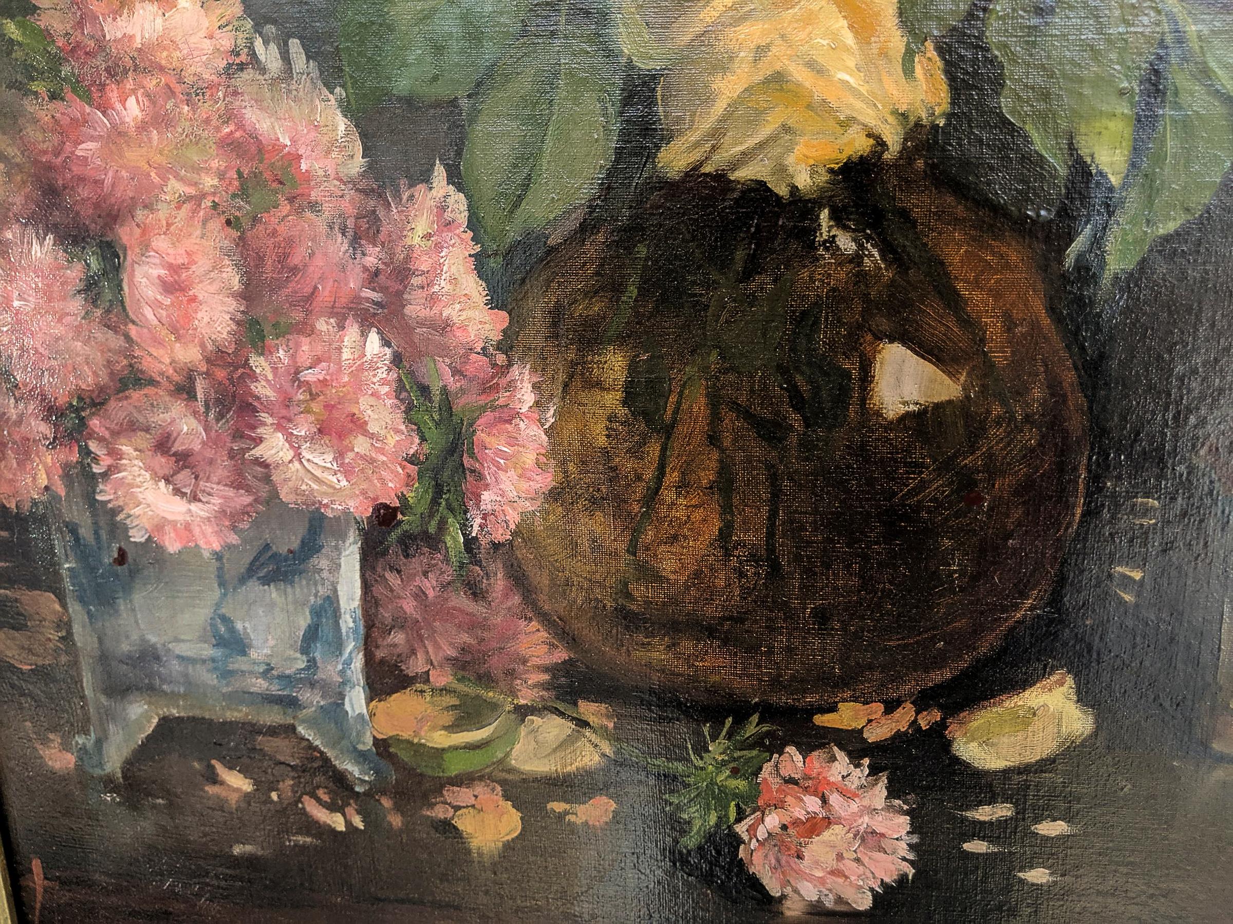 A olio Olio su tela della fine del XIX secolo, Natura morta di rose gialle, inglese in vendita