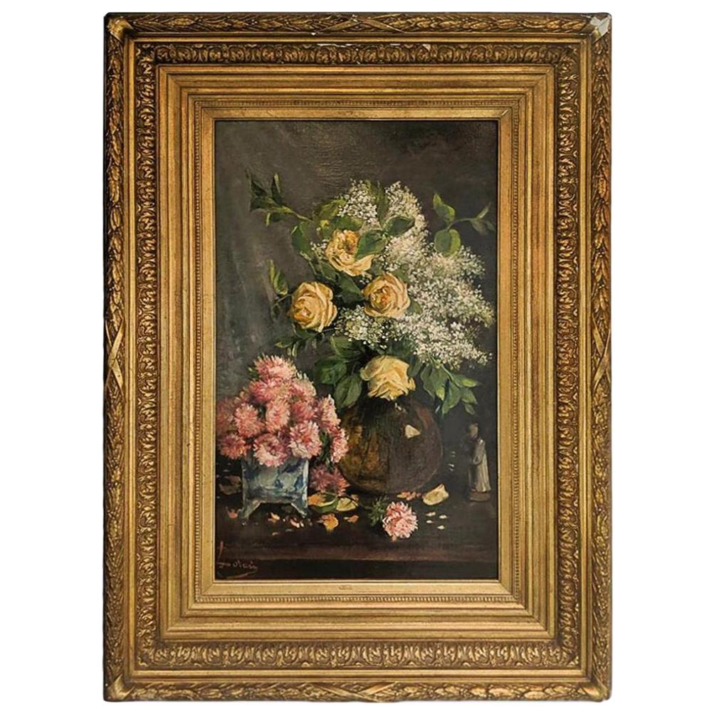 Late 19th Century Oil on Canvas, Still Life of Yellow Roses, English For Sale