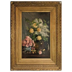 Antique Late 19th Century Oil on Canvas, Still Life of Yellow Roses, English