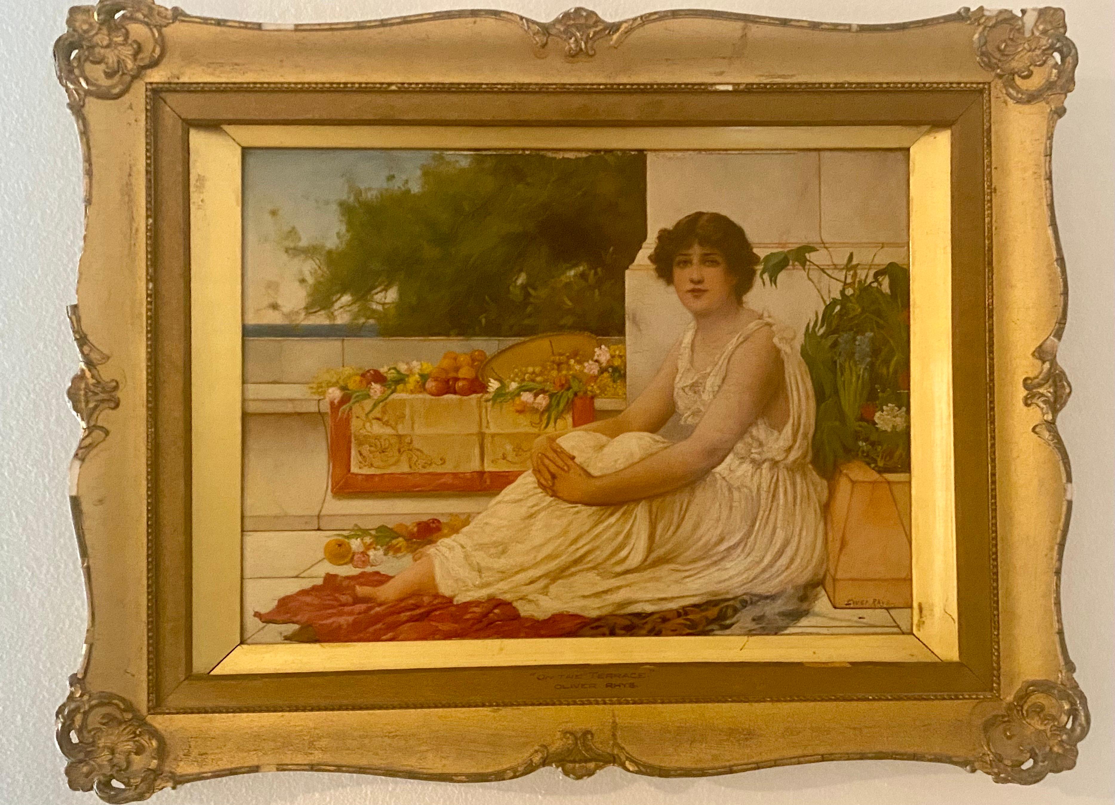 Une charmante scène de terrasse représentant une superbe jeune femme drapée dans une robe classique sur un riche fond de mer, d'arbres, de fleurs, de fruits et de tissus, peinte à l'huile sur toile par Oliver Rhys, Britannique, 1854-1907, signée,