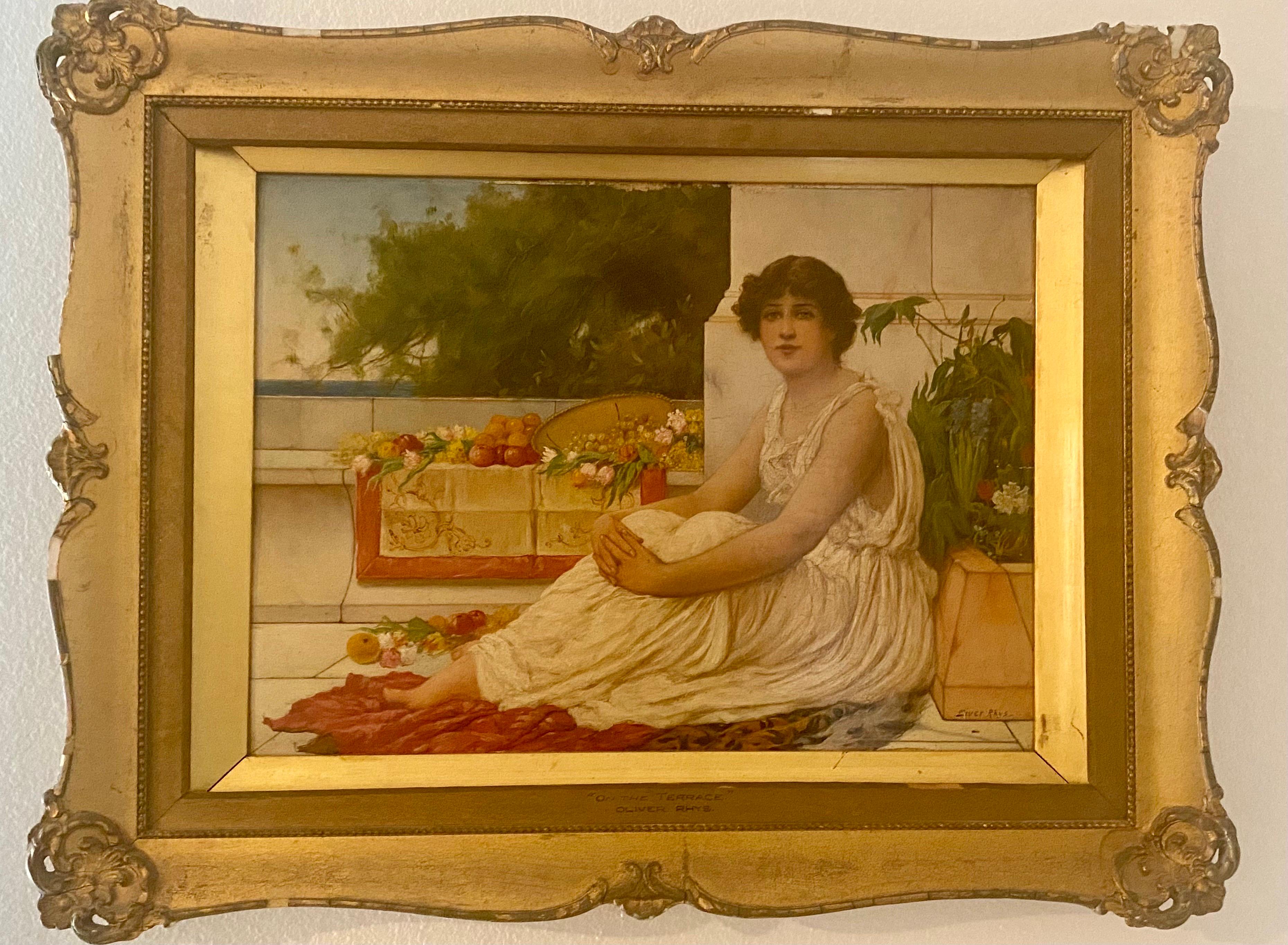 English Late 19th Century Oil on Canvas Terrace Painting by Oliver Rhys, Signed For Sale