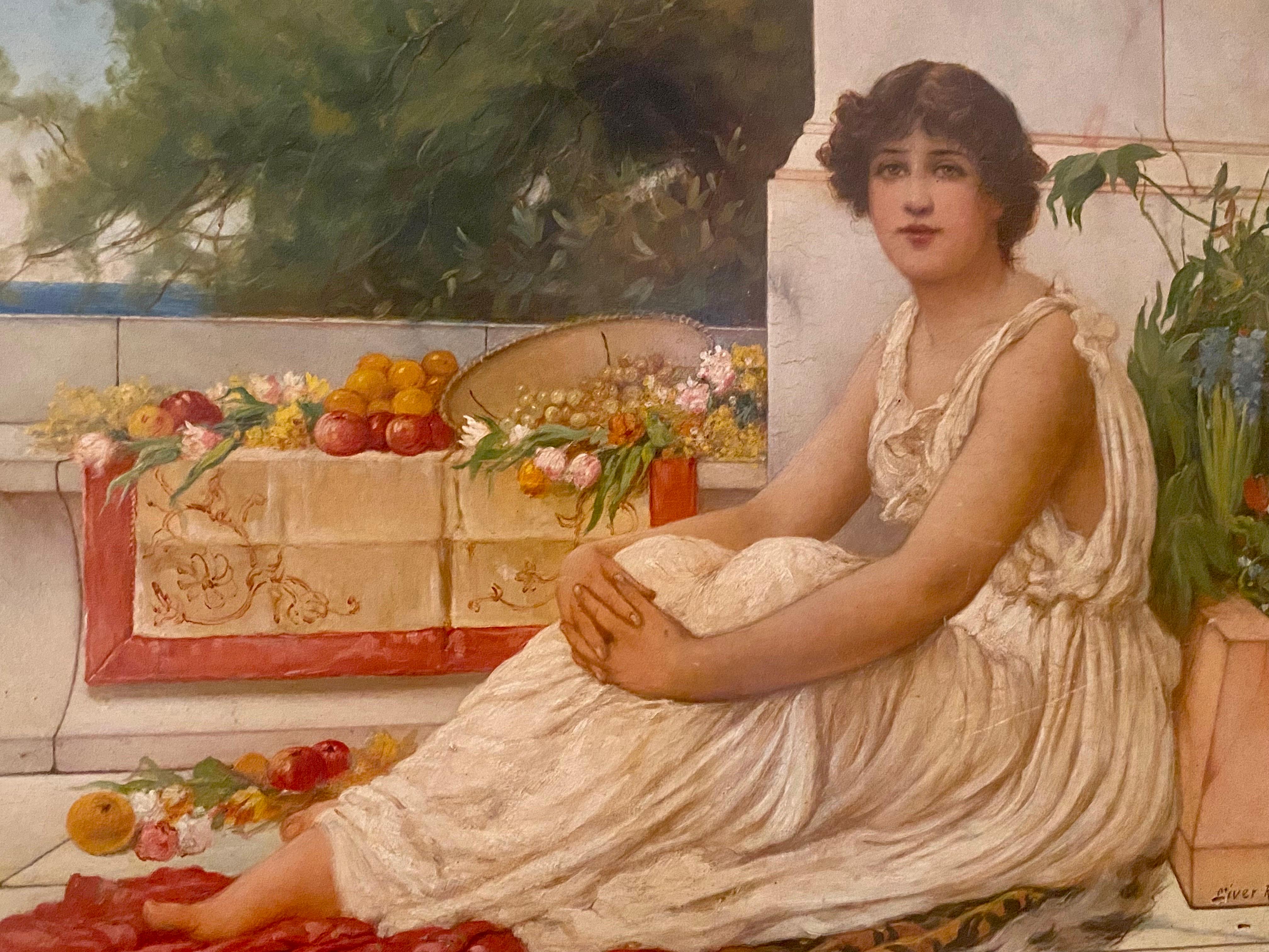 Pintura al óleo sobre lienzo de Oliver Rhys de finales del siglo XIX, firmada 2