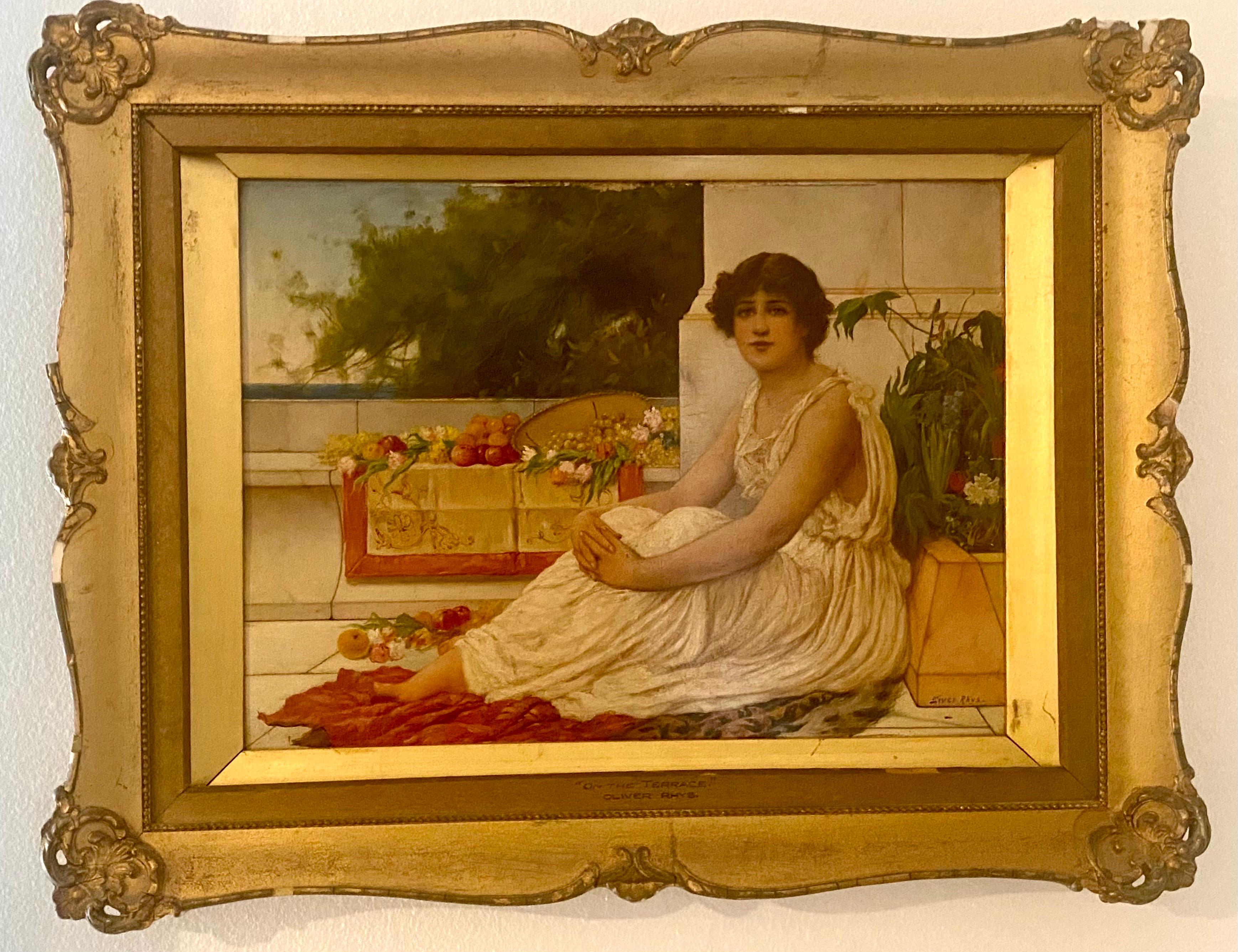 Late 19th Century Oil on Canvas Terrace Painting by Oliver Rhys, Signed For Sale 4