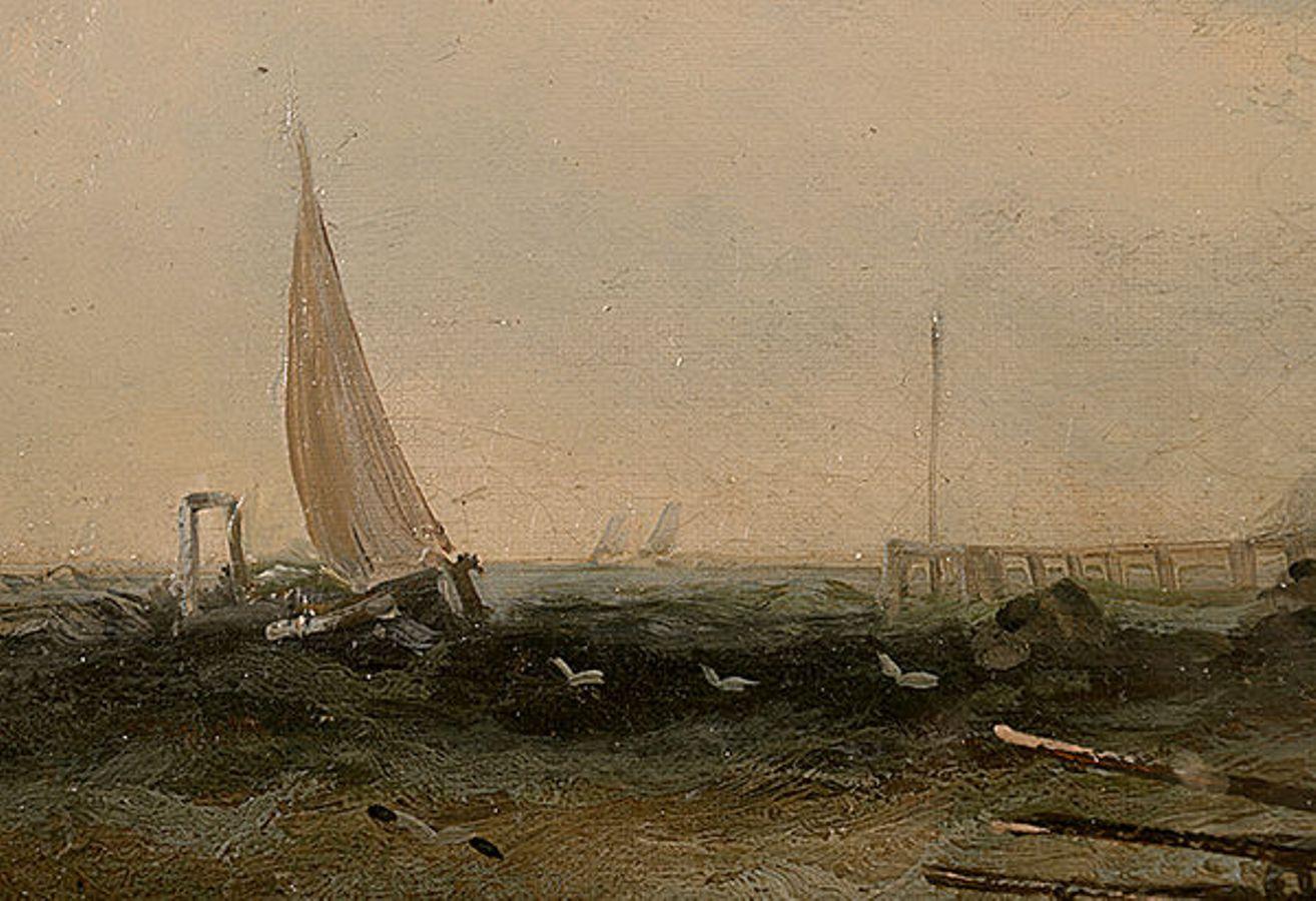 Painted Late 19th Century Oil on Panel Depicting Fishing Boats For Sale