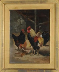 Peinture à l'huile sur panneau de la fin du XIXe siècle représentant un coq et des Hens, signée August Laux
