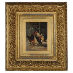 Late 19th Century Oil on Panel Rooster and Hens Painting, Signed, August Laux