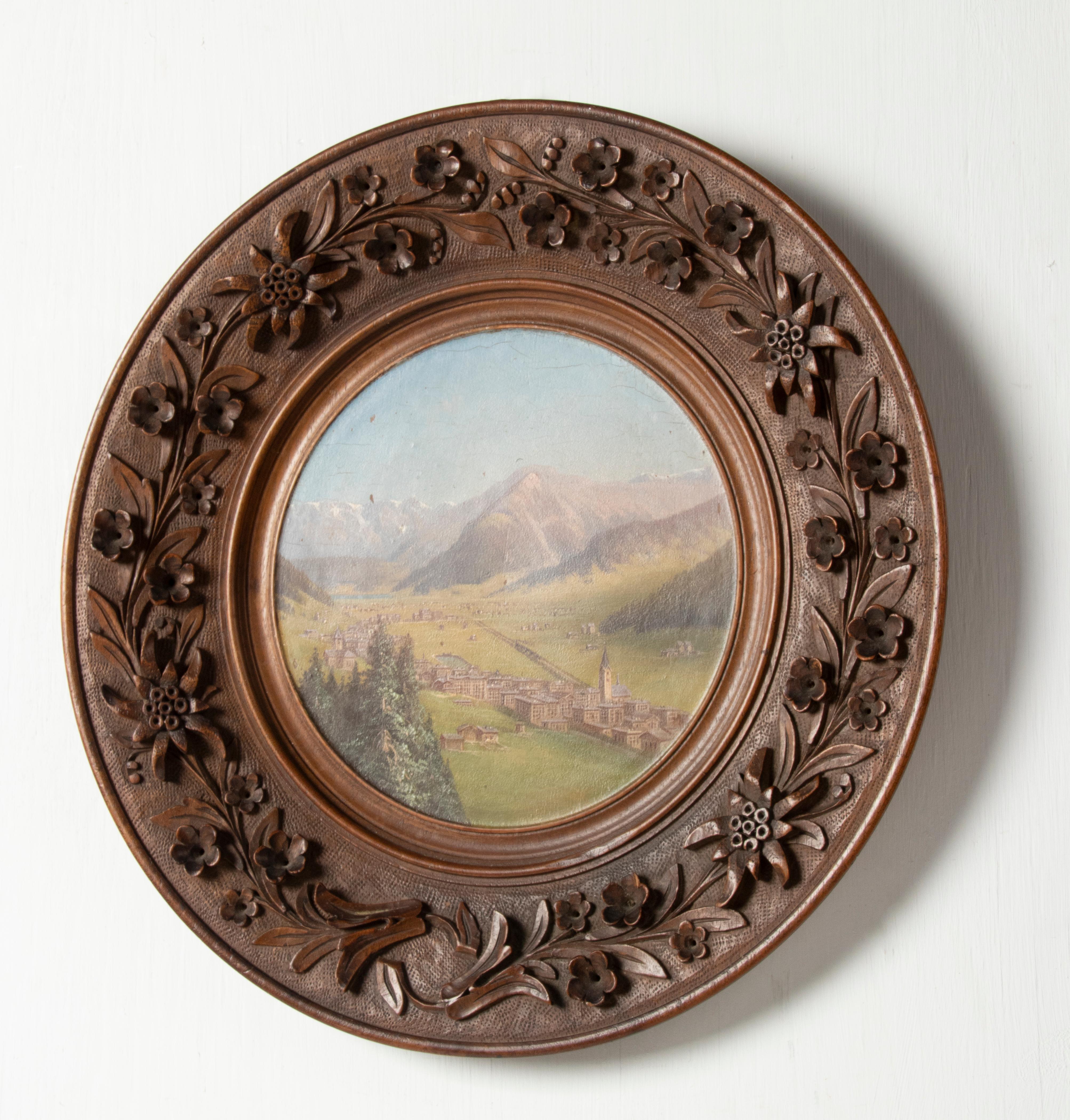 Late 19th Century Oil Painting Alpine Village Black Forest Carved Frame For Sale 5