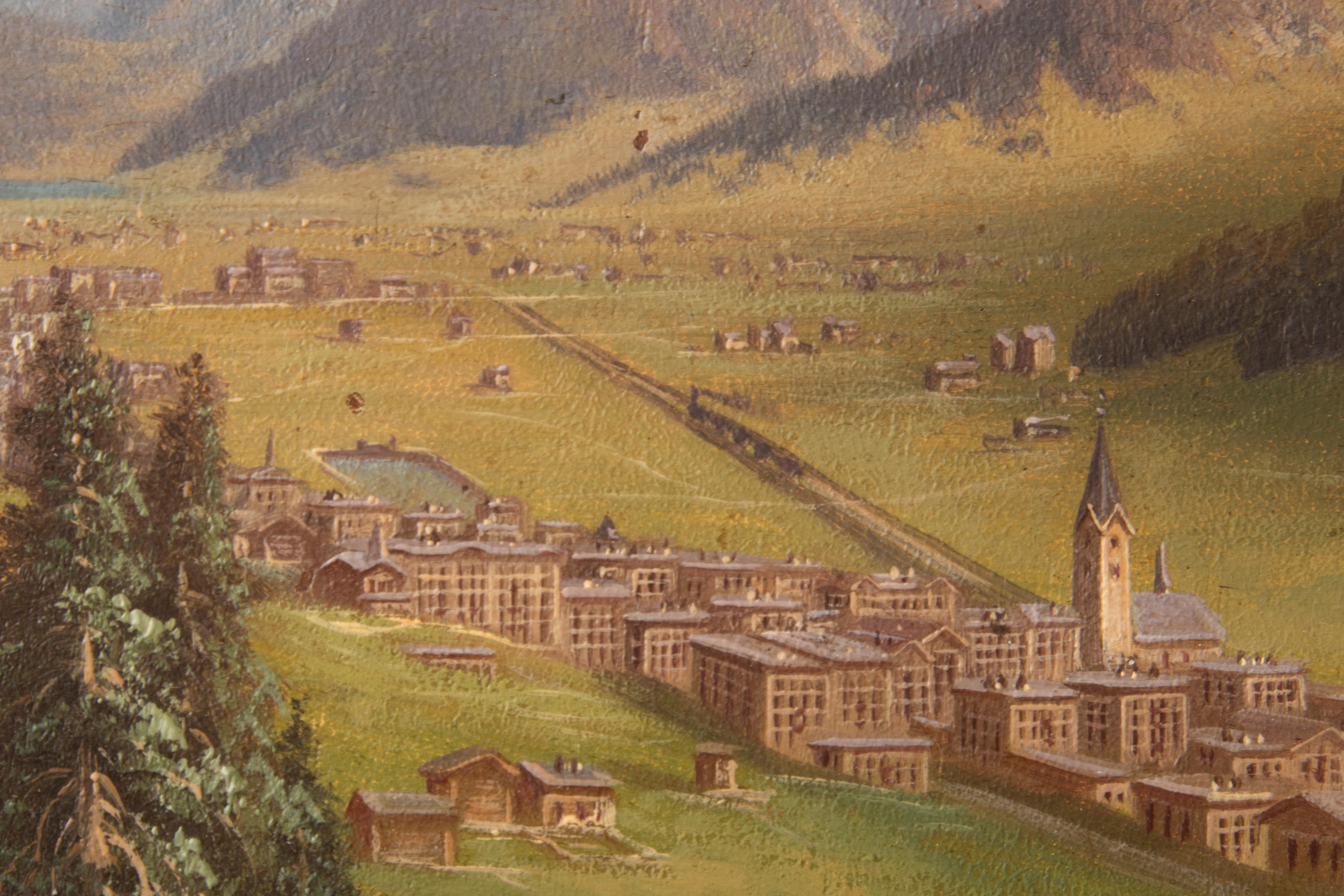 Peinture à l'huile de la fin du XIXe siècle, cadre sculpté de village alpin de la Forêt-Noire en vente 5