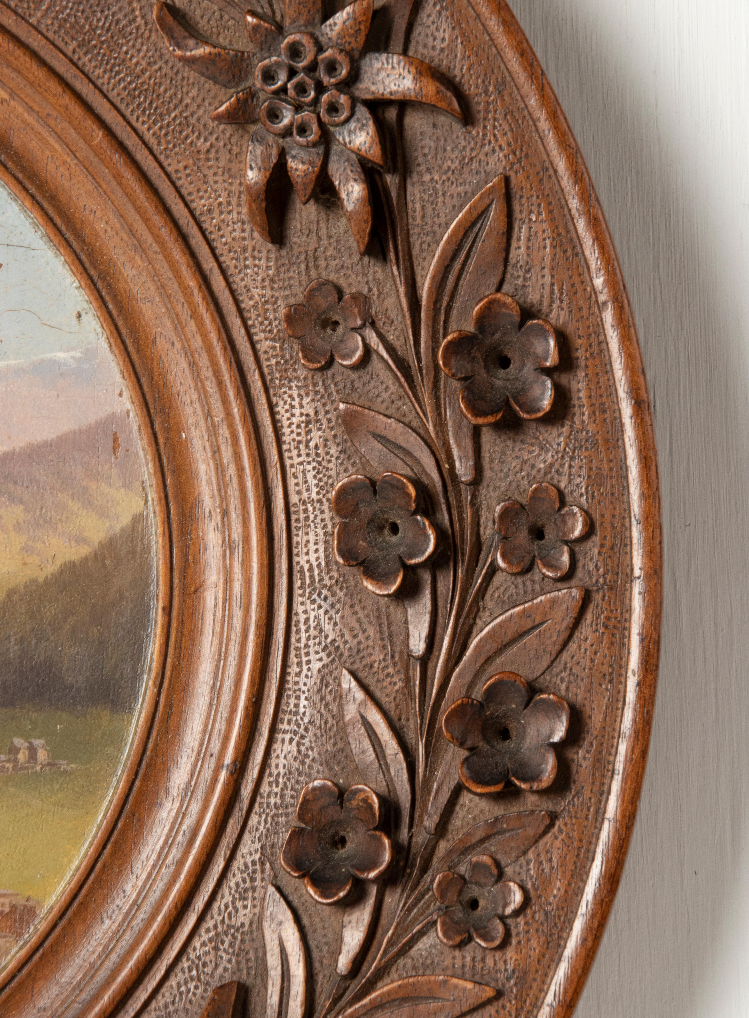 Late 19th Century Oil Painting Alpine Village Black Forest Carved Frame For Sale 7