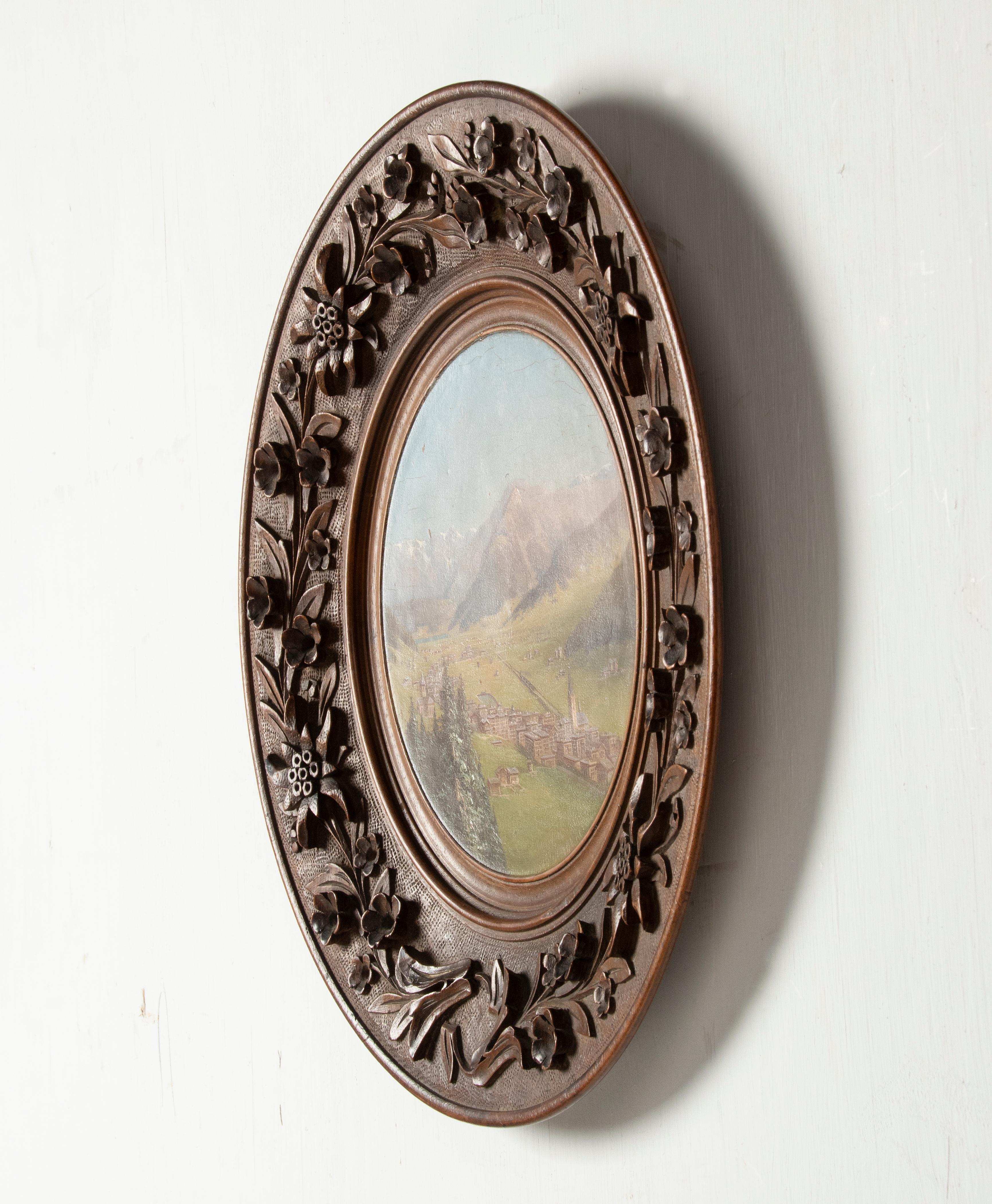Late 19th Century Oil Painting Alpine Village Black Forest Carved Frame For Sale 8