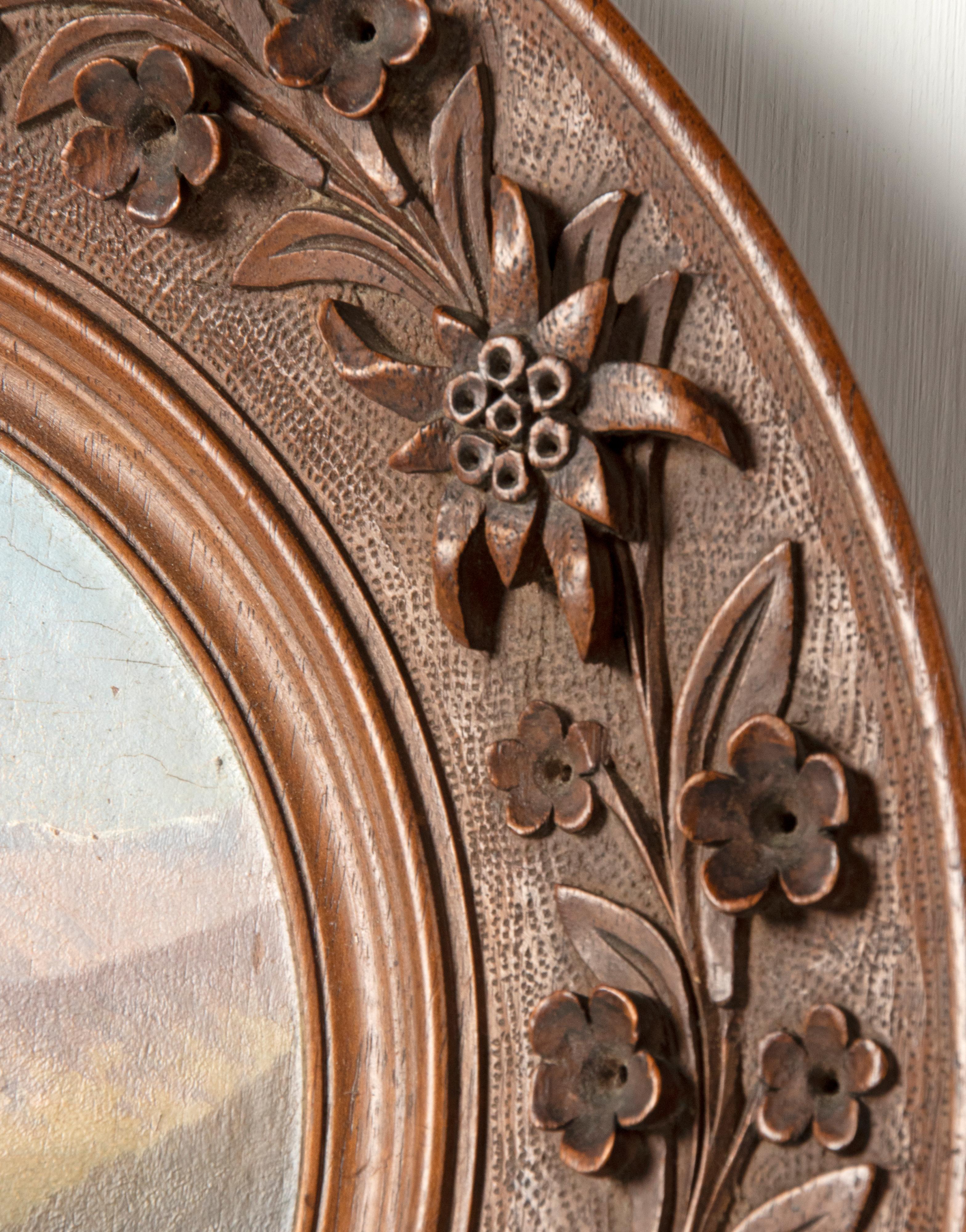 Late 19th Century Oil Painting Alpine Village Black Forest Carved Frame For Sale 9