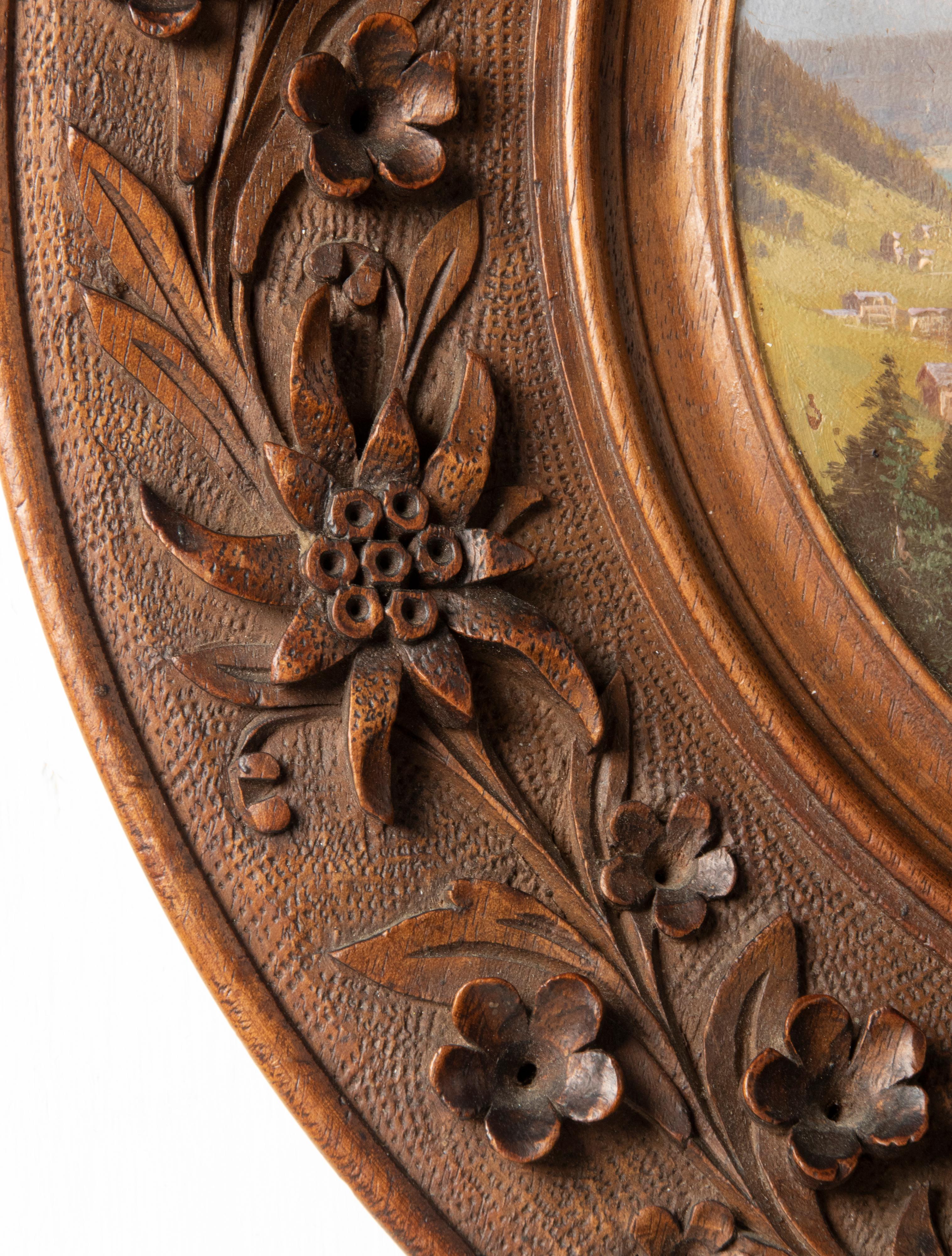 Late 19th Century Oil Painting Alpine Village Black Forest Carved Frame For Sale 10