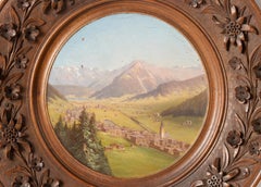 Late 19th Century Oil Painting Alpine Village Black Forest Carved Frame