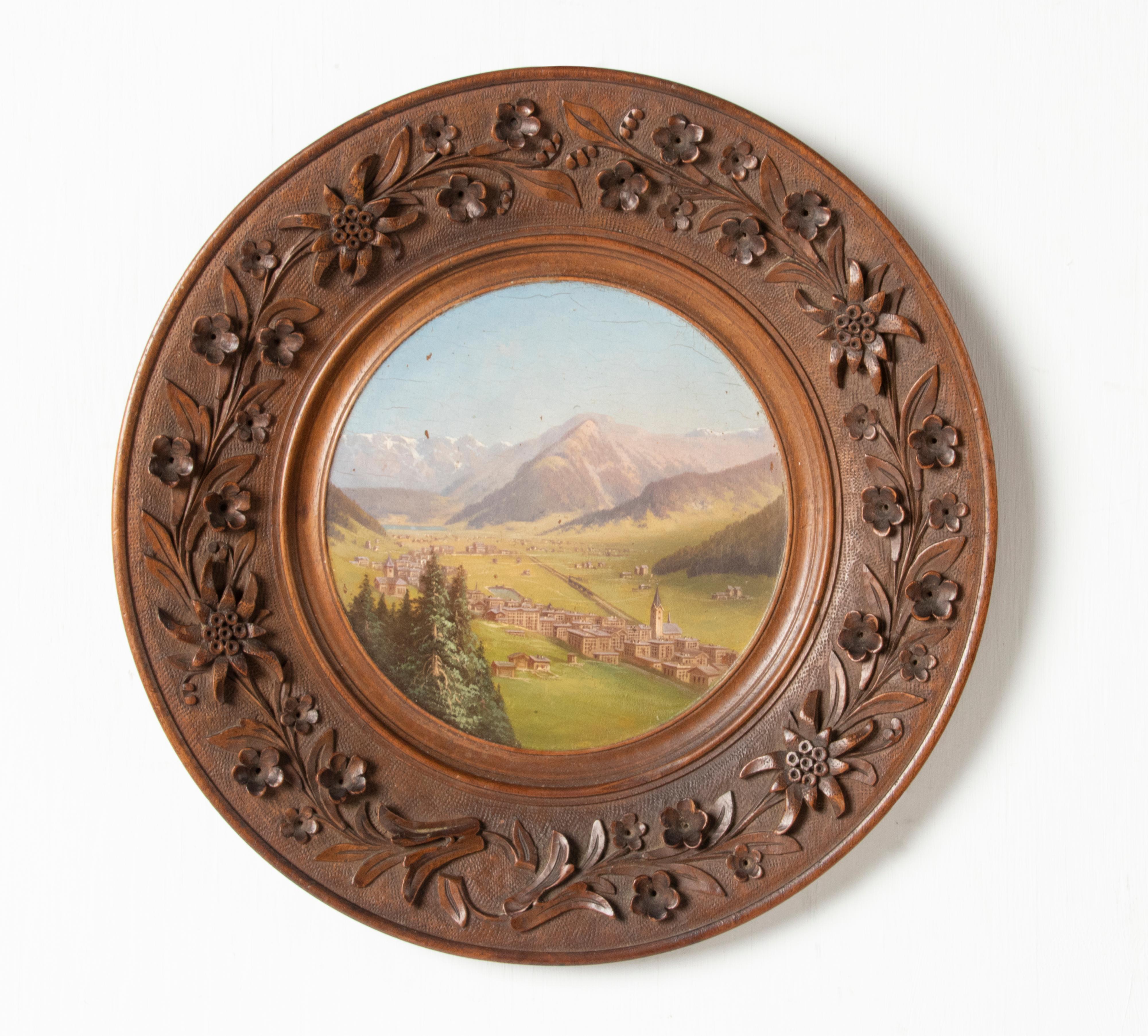 German Late 19th Century Oil Painting Alpine Village Black Forest Carved Frame For Sale