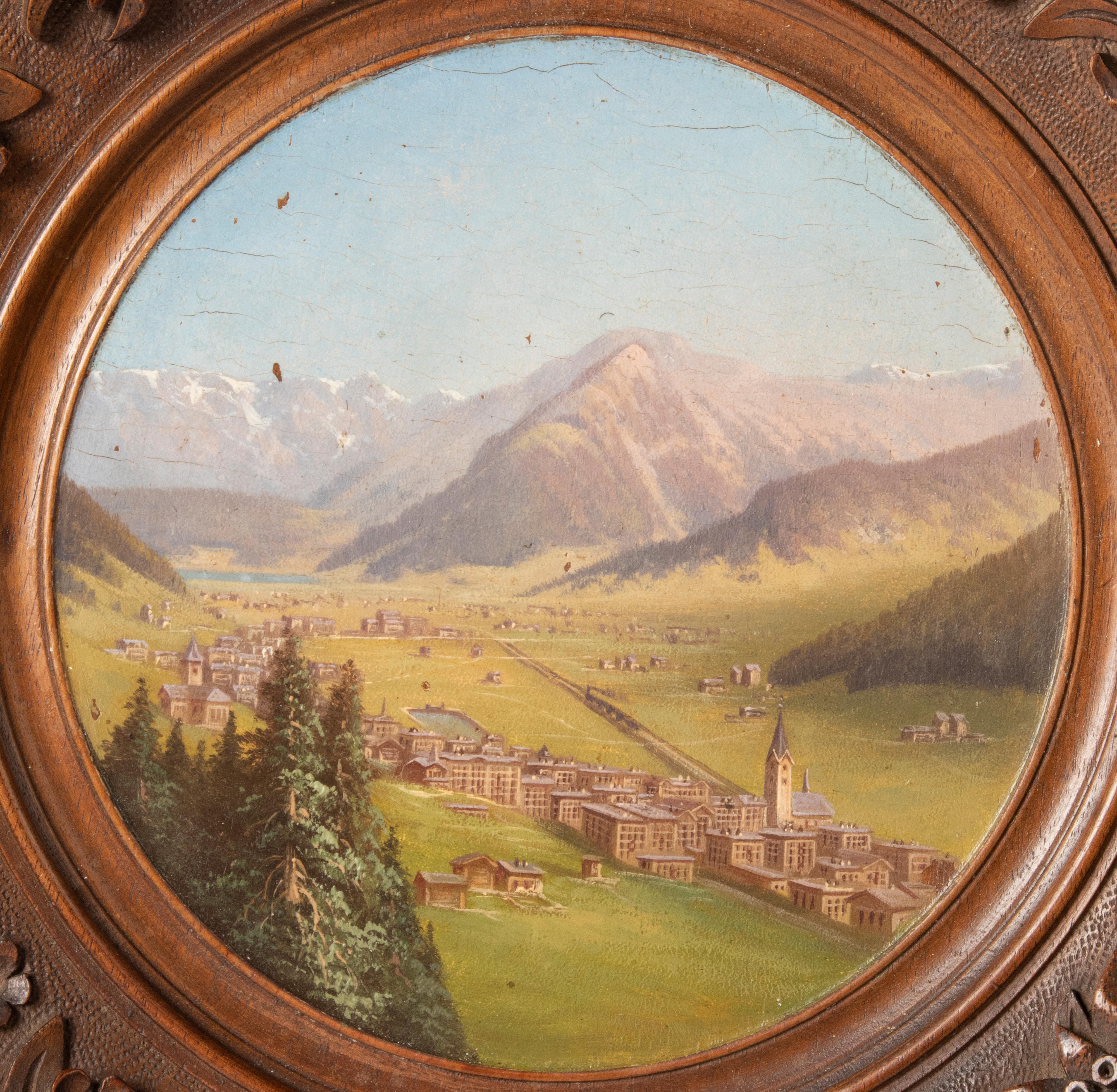 Late 19th Century Oil Painting Alpine Village Black Forest Carved Frame In Good Condition For Sale In Casteren, Noord-Brabant