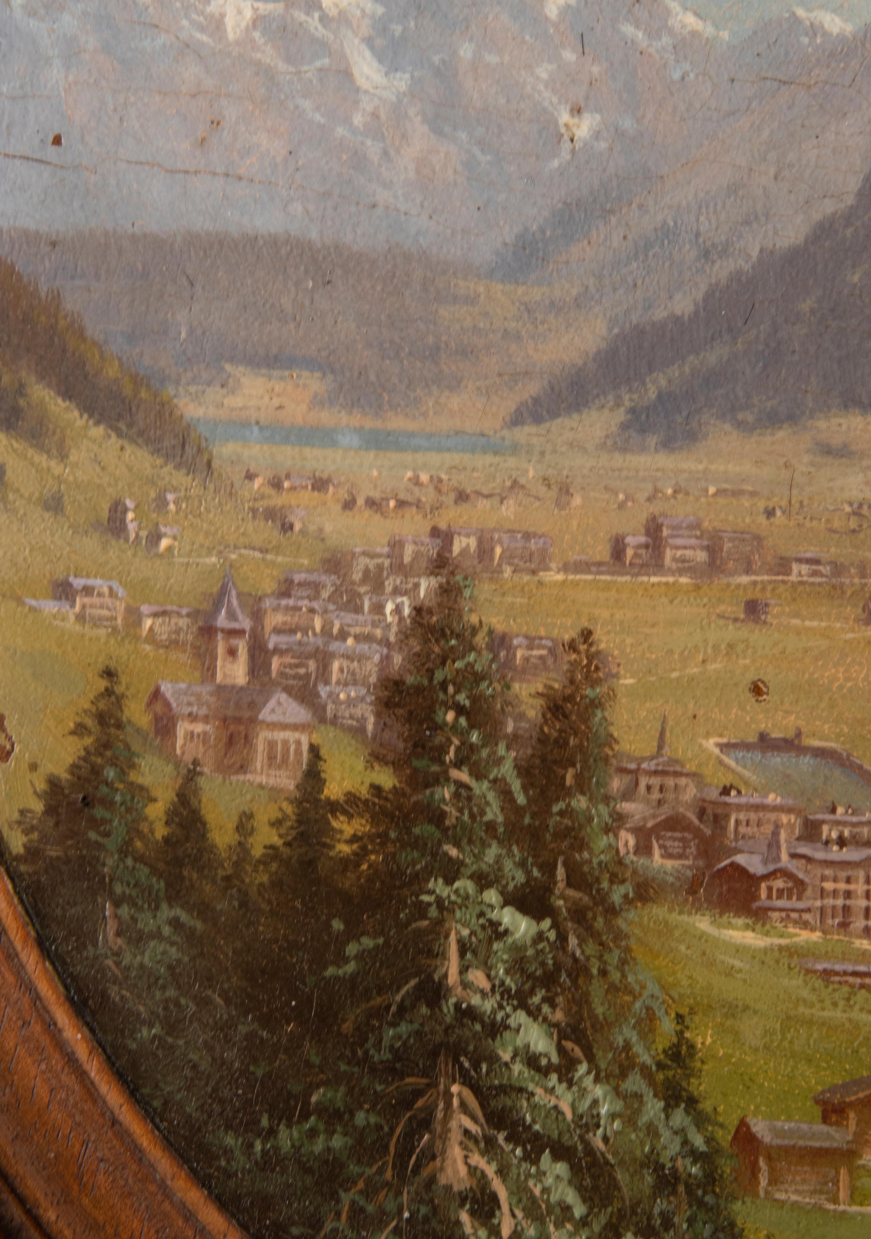 Peinture à l'huile de la fin du XIXe siècle, cadre sculpté de village alpin de la Forêt-Noire en vente 1